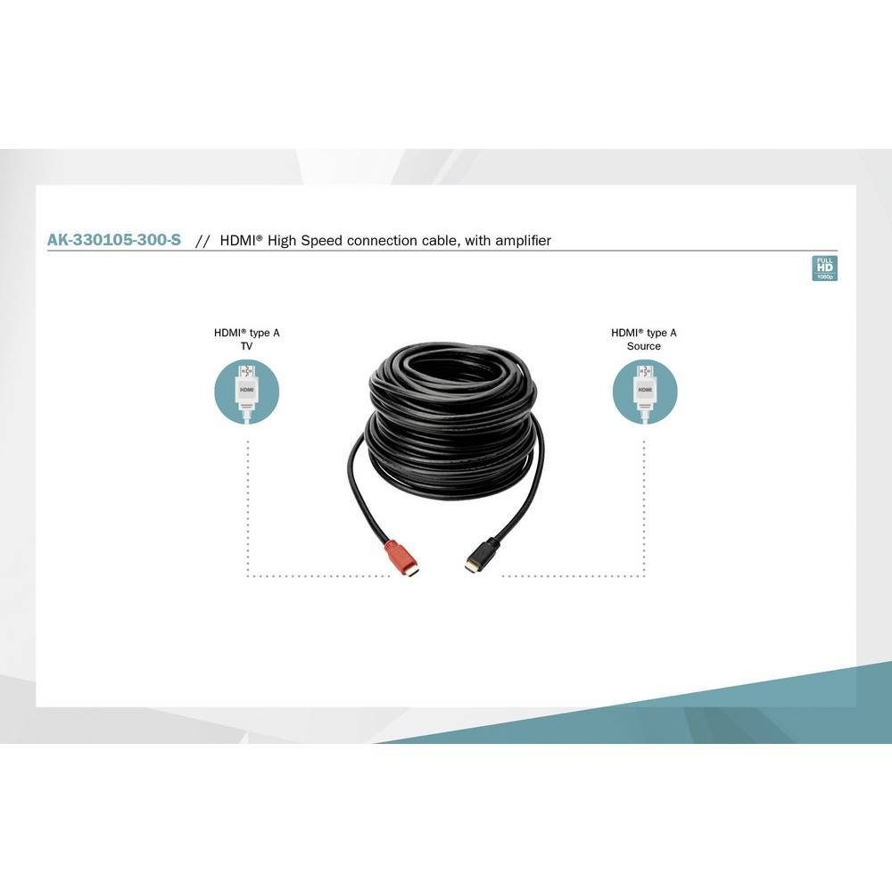 Digitus aktives HDMI-Anschlusskabel mit Verstärker AK-330105-300-S HDMI-Kabel, vergoldete Steckkontakte