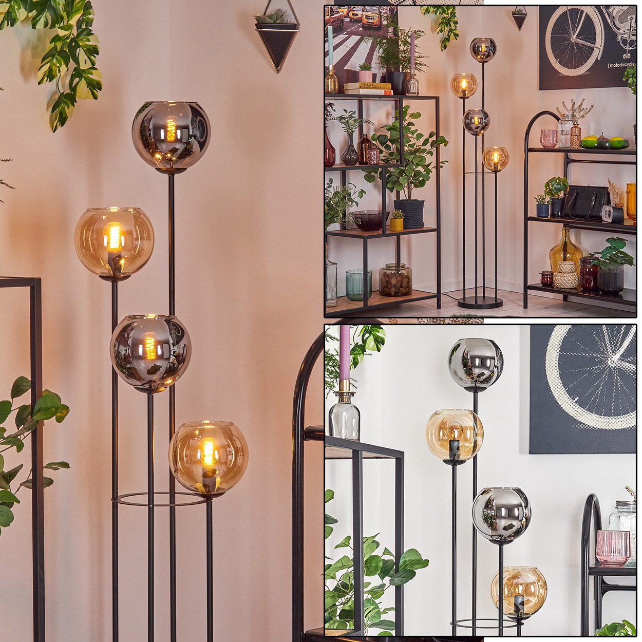 Stehlampe Stehlampe aus Metall/Glas, Schwarz/Chrom/Rauch/Bernstein, Fußschalter