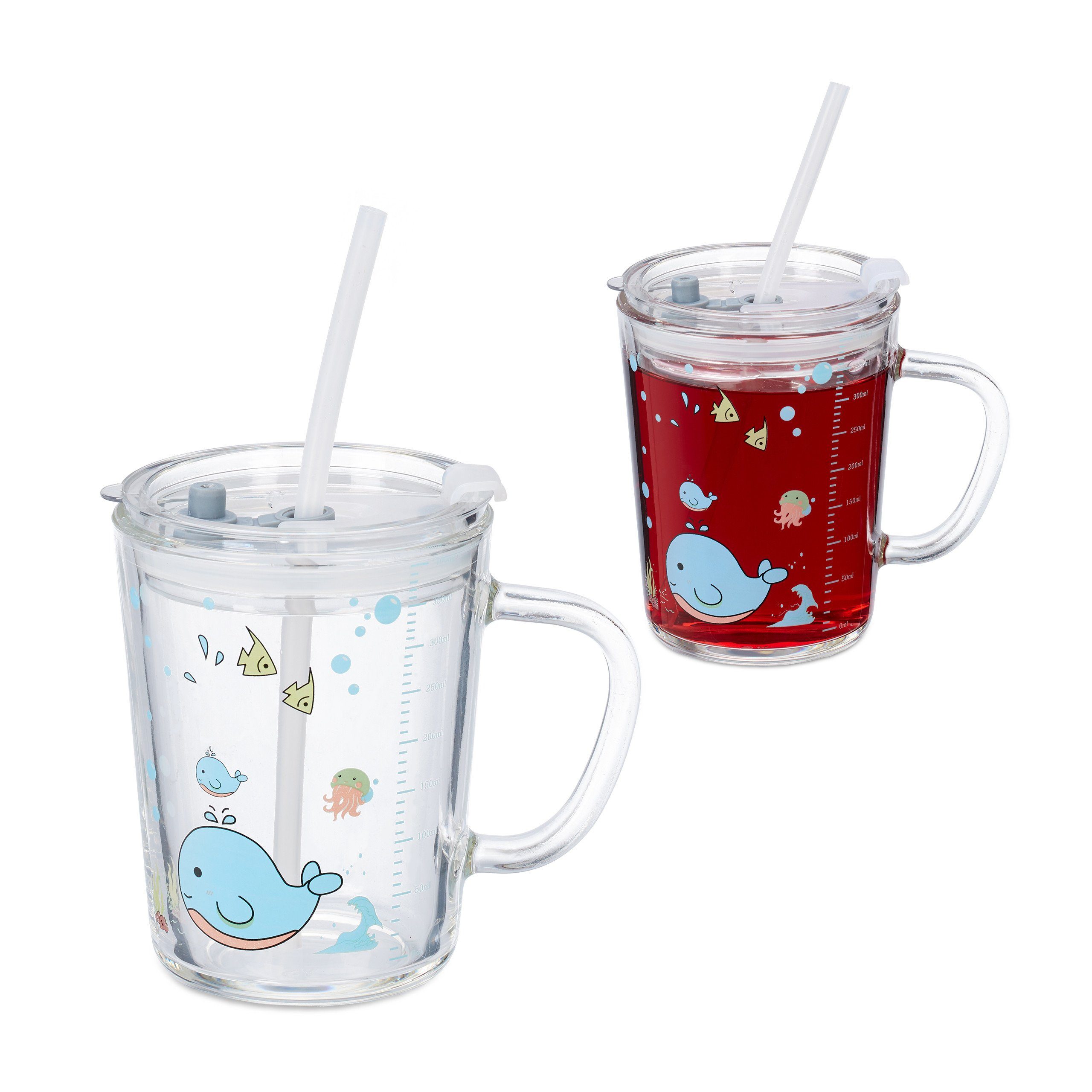 relaxdays Kinderbecher 2er Set Kindergläser mit Walmotiv, Glas