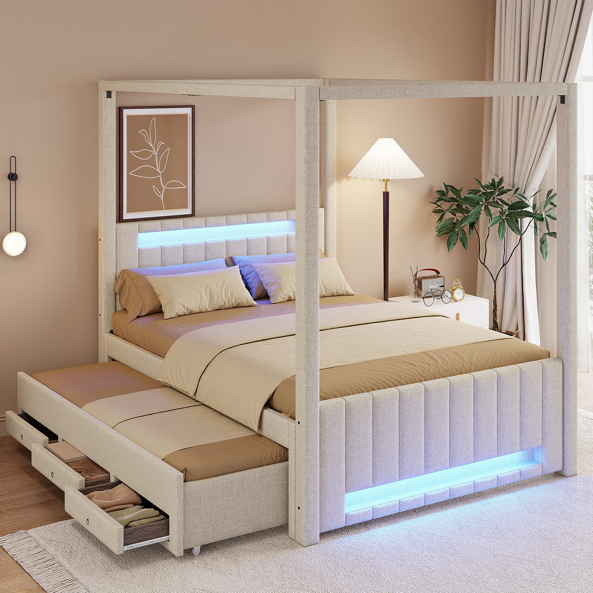 Odikalo Polsterbett 140x200 Himmelbett mit Ausziehbett LED & Schubladen (mit Ausziehbett und drei Schubladen, LED-Beleuchtung)