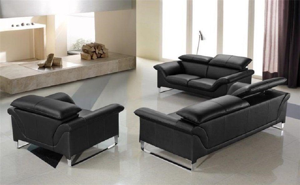 Schwarz Europe Made Polster 3tlg Sofa Couch Ledersofa Couchen Set in Sofa Sofa JVmoebel Sessel, Sitzer