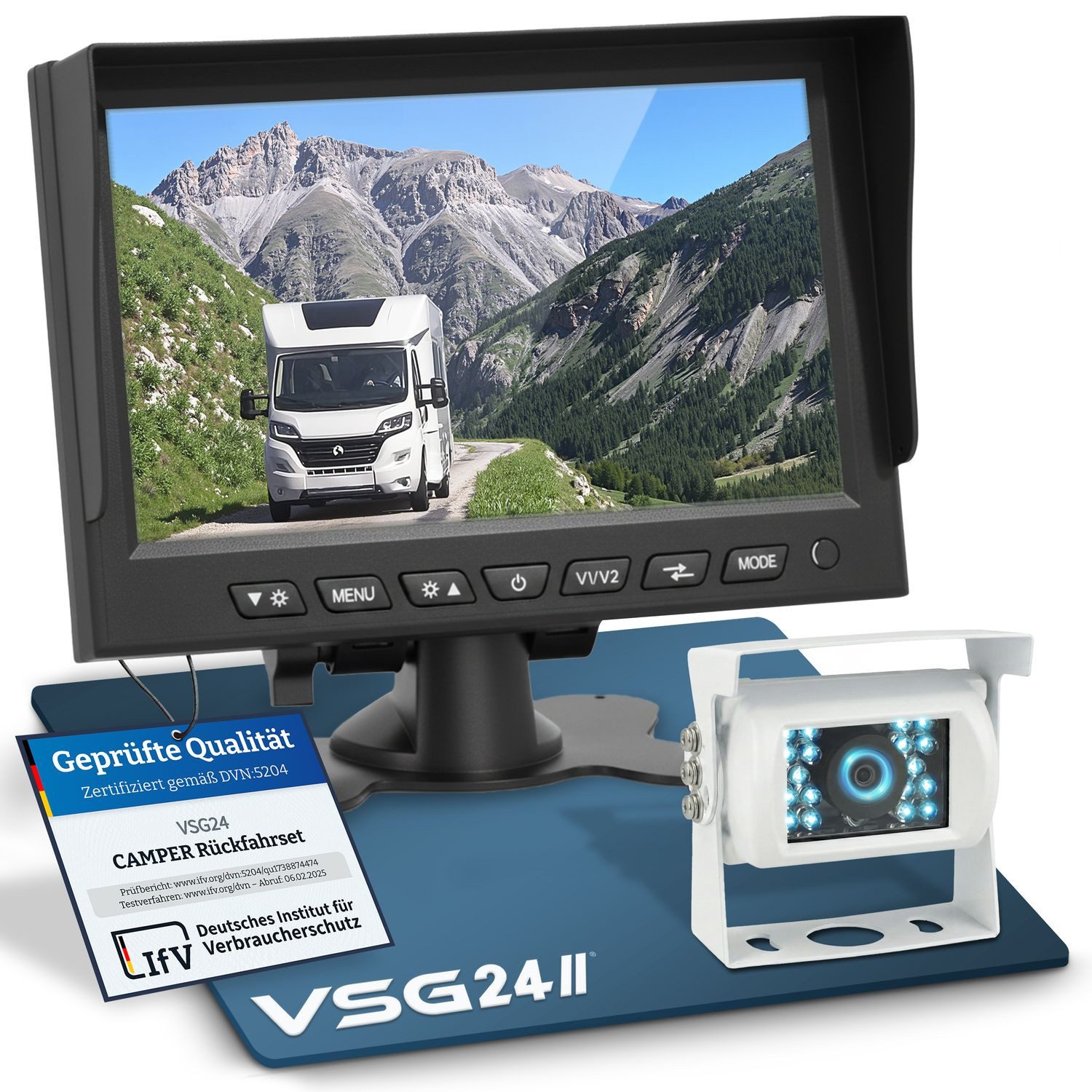 VSG24 7" Rückfahrsystem CAMPER für Wohnmobile inkl. Monitor, Kabel und 1 x Rückfahrkamera (Nachtsicht 12V-24V Wasserdicht Einfache Montage für Wohnwagen LKW)