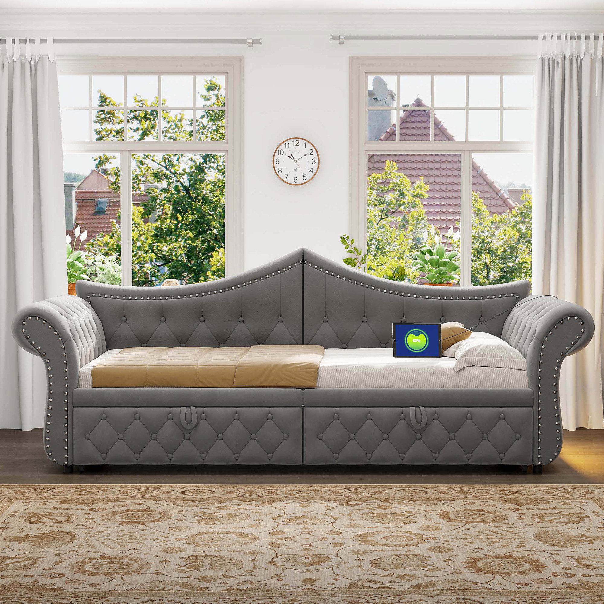 Merax Daybett 90x 200cm/180x200cm mit LED-Beleuchtung & USB-Ladeanschluss, Samt (Jugendbett Doppelbett Sofabett Polsterbett, 1 tlg), Tagesbett mit ausziehbarer  – Bild 2 von 5