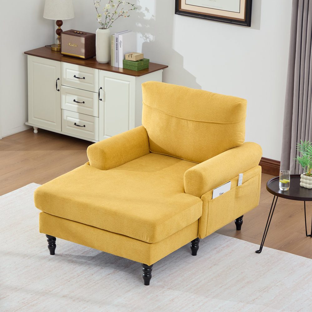 Odikalo Chaiselongue Loungesessel Relaxsessel Chenille-Stoff-Liegestuhl mit Holzsofa-Beine, Einzelsofa mit bequemer Rückenlehne und Armlehnen Seitentaschen zur Aufbewahrung,für Wohnzimmer und Schlafzimmer