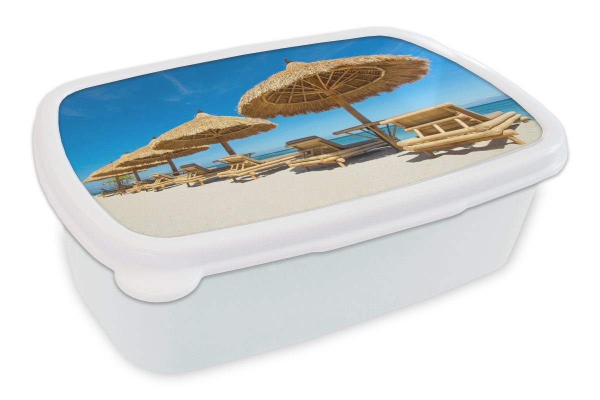 MuchoWow Lunchbox Strandkorb - Strand - Sonnenschirm - Meer - Sommer, Kunststoff, (2-tlg), Brotbox für Kinder und Erwachsene, Brotdose, für Jungs und Mädchen weiß