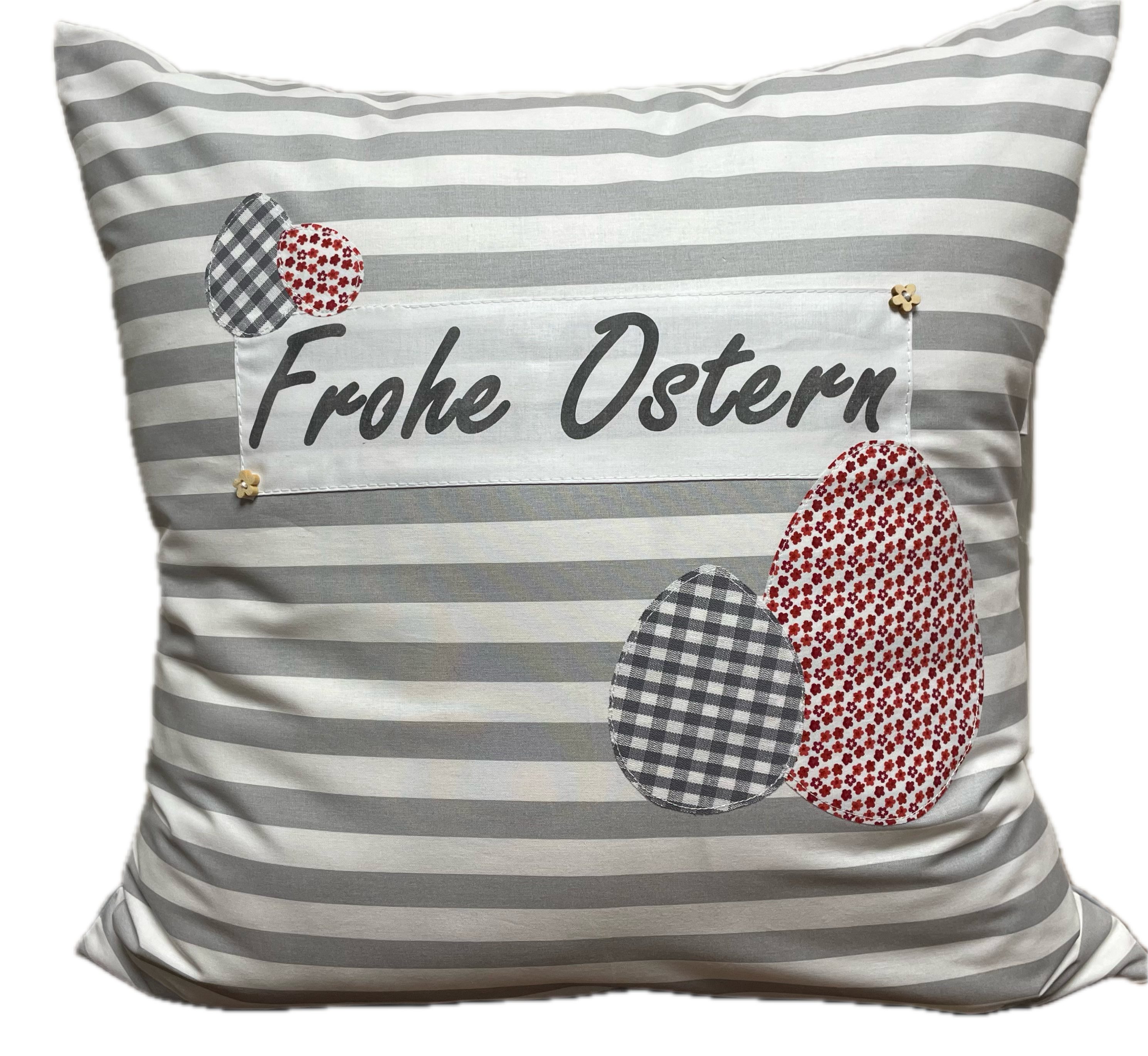 Ammerkind Dekokissen Landhausstil Kissenbezug Frohe Ostern* grau/weiß/rot, Kissenhüllen ohne Füllung, 100% Handarbeit
