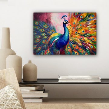 OneMillionCanvasses® Leinwandbild Pfau - Tiere - Malerei - Regenbogen, (1 St), Wandbild Leinwandbilder, Aufhängefertig, Wanddeko, 30x20 cm