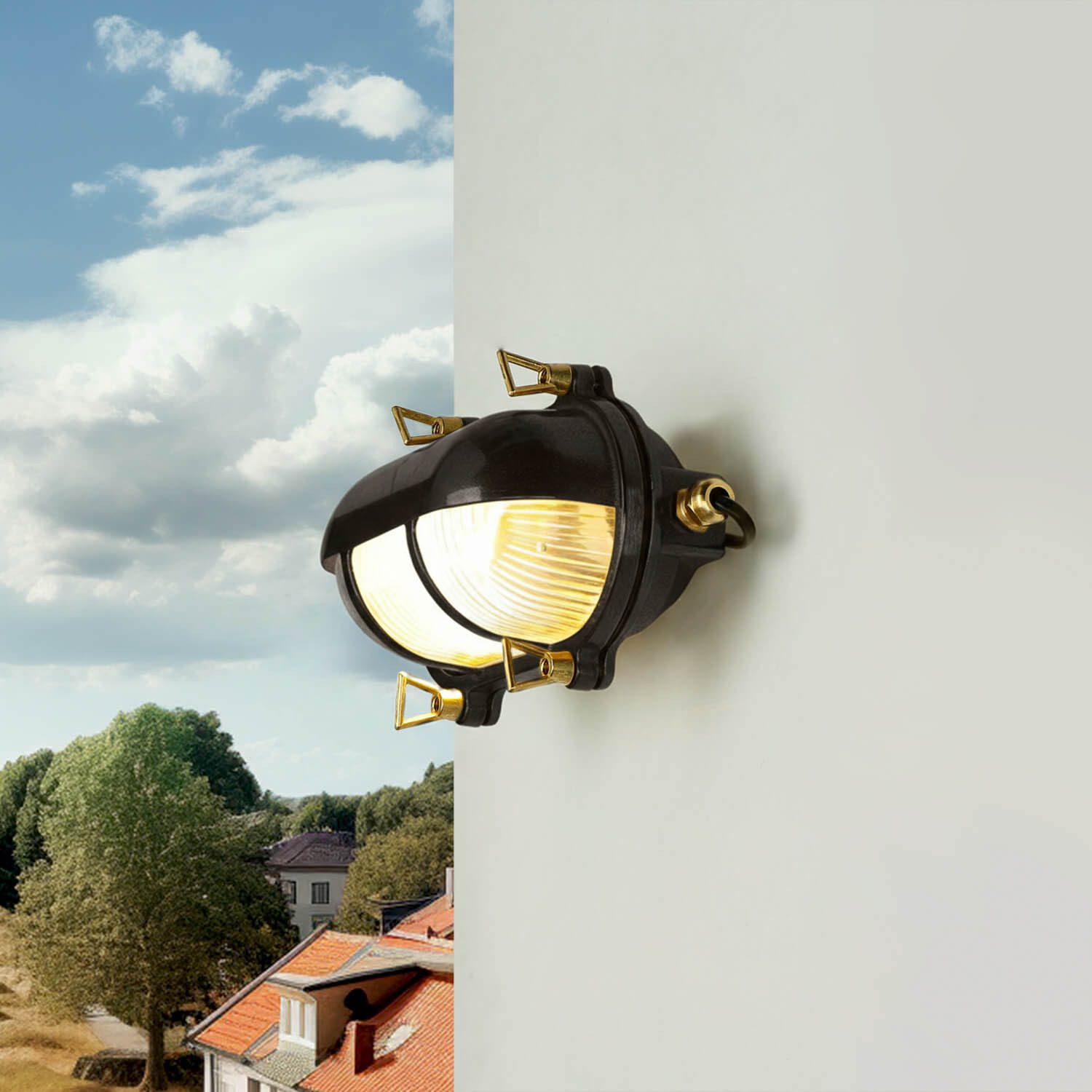 Licht-Erlebnisse Außen-Wandleuchte SKIATHOS, ohne Leuchtmittel, Ovalleuchte Glas Messing massiv 21 cm breit IP64 Schwarz E27 Maritim