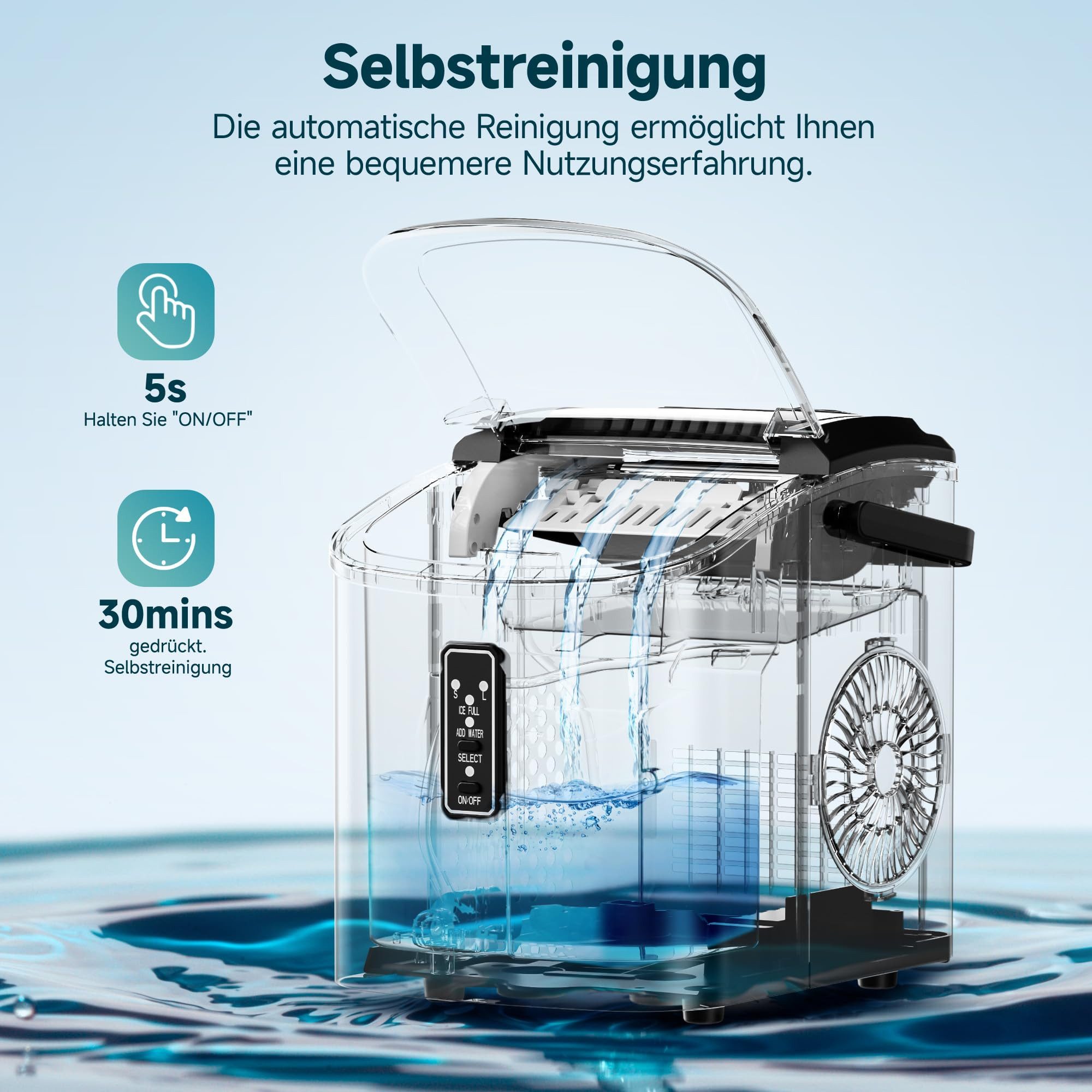 EUHOMY Eiswürfelmaschine Eiswuerfelmaschine 12 kg/24h, Bullet-Eiswuerfel, Selbstreinigend, selbstreinigend, tragbarer,für Zuhause, Küche und Büro – Bild 5 von 5