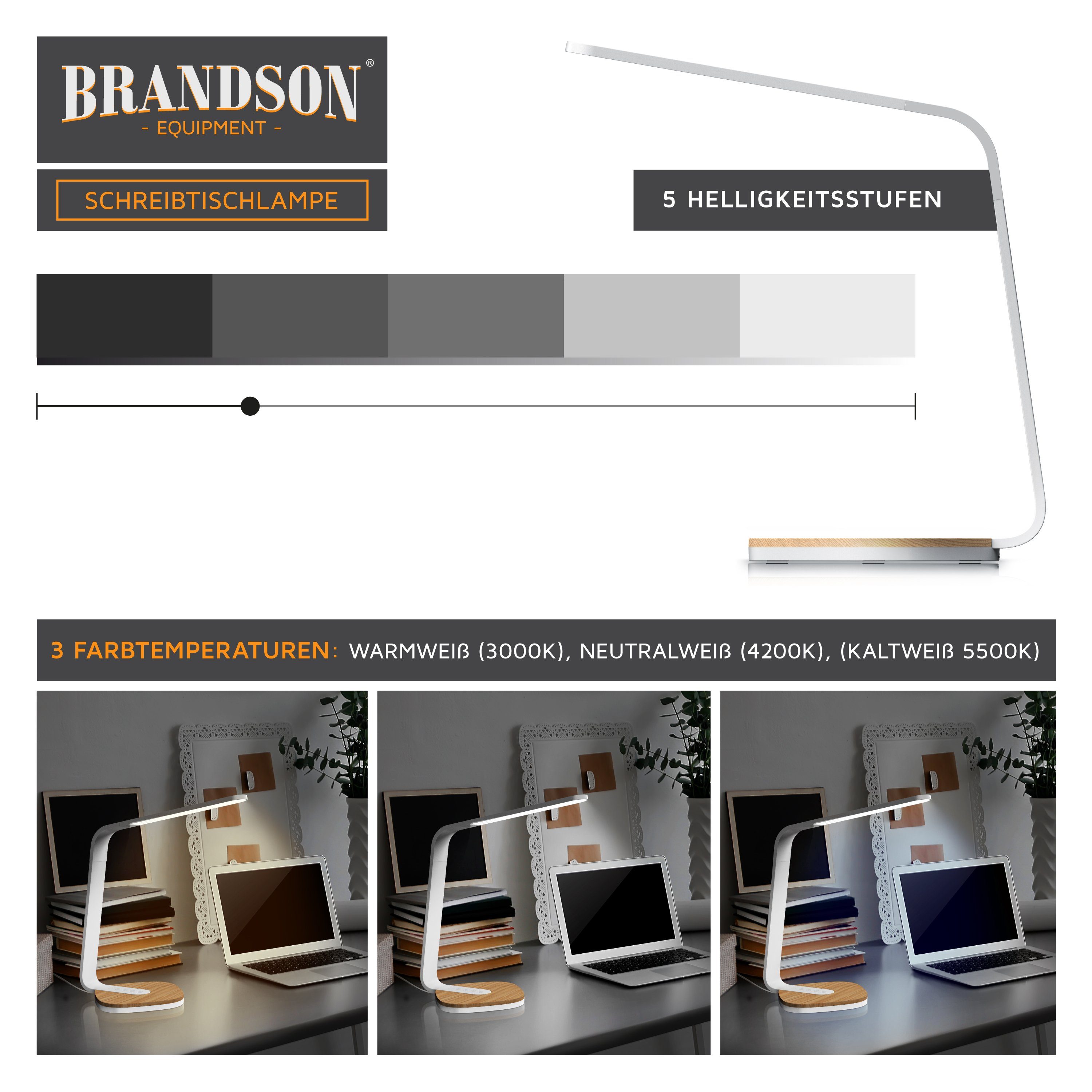 Brandson Schreibtischlampe Tischlampe, Holz Optik, Büro Lesen Studieren, Tischleuchte Weiß, dimmbar, 5 Helligkeitsstufen, 3 Lichttemperaturen, Sensor Touch, Tim – Bild 4 von 5