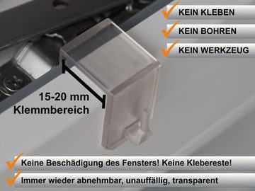 dekondo Fensterhaken Dekohaken Dekoklipp Fensterklipp Gardinenhaken Türhaken, für Gardinenstangen/Vitragestangen oder Fensterdekorationen, (4-St), Klemmbereich 15-25 mm (wählen Sie den richtigen Klemmbereich aus)