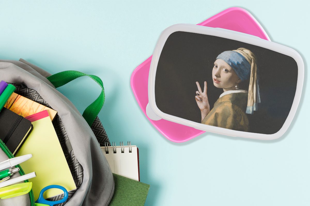 dem Kunststoff, Snackbox, MuchoWow für Das Perlenohrring Vermeer Kunststoff Erwachsene, Brotdose Lunchbox Johannes Brotbox mit Kinder, Mädchen, (2-tlg), Mädchen rosa - Frieden, -