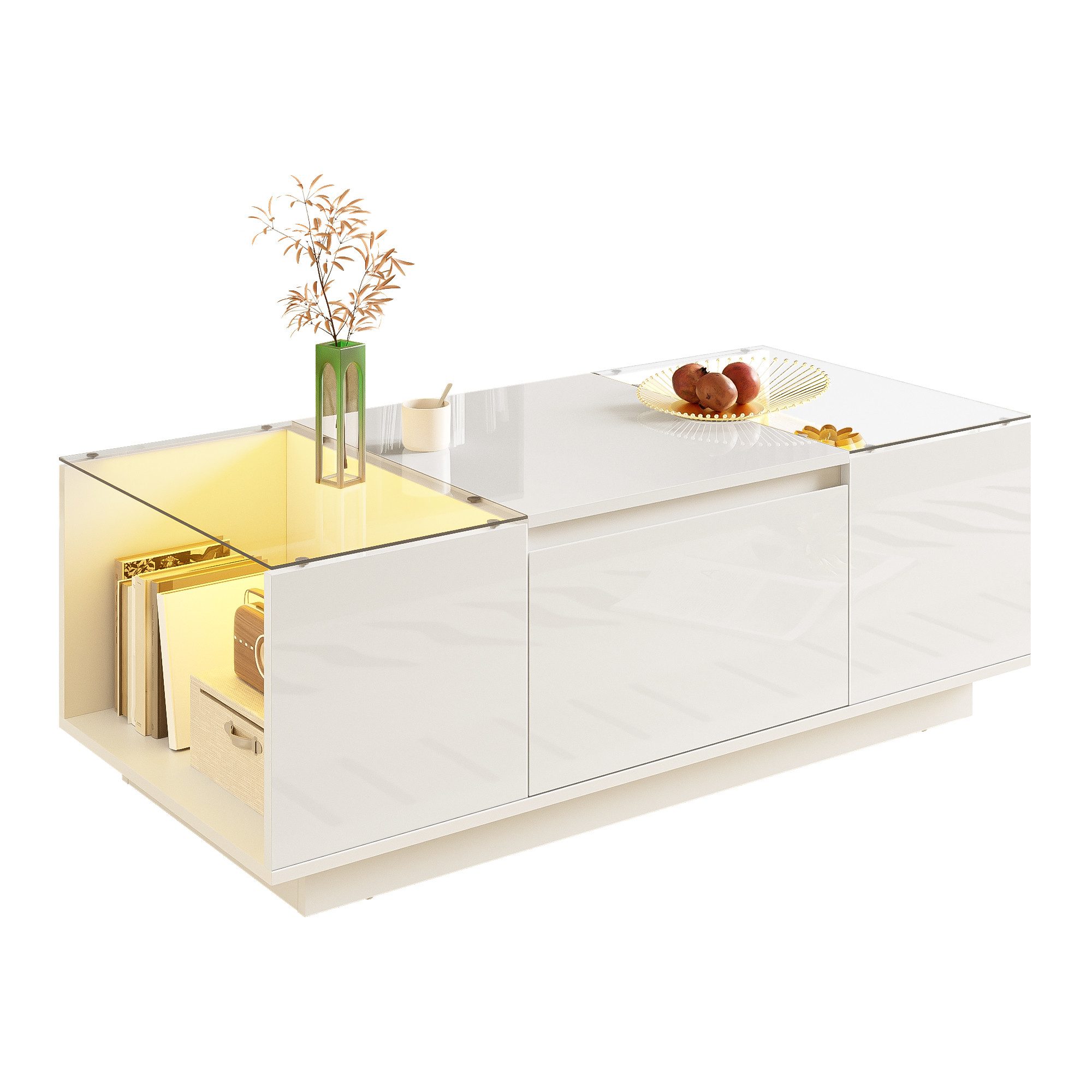 Merax Couchtisch Sofatisch Beistelltisch mit LED-Beleuchtung (1-St., 105 L x 50 B x 35 H (cm), Wohnzimmertisch mit 2 Schubladen, Glasplatte & offenen Stauraum