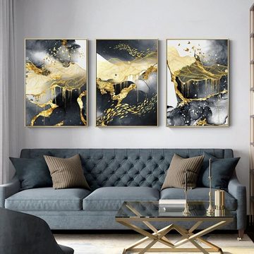 TPFLiving Kunstdruck (OHNE RAHMEN) Poster - Leinwand - Wandbild, Abstrakte Motive - (Einzeln und im günstigen 3-er Set - Wanddeko Wohnzimmer), Farben: Gold, Grau, Schwarz - Größe: 13x18cm