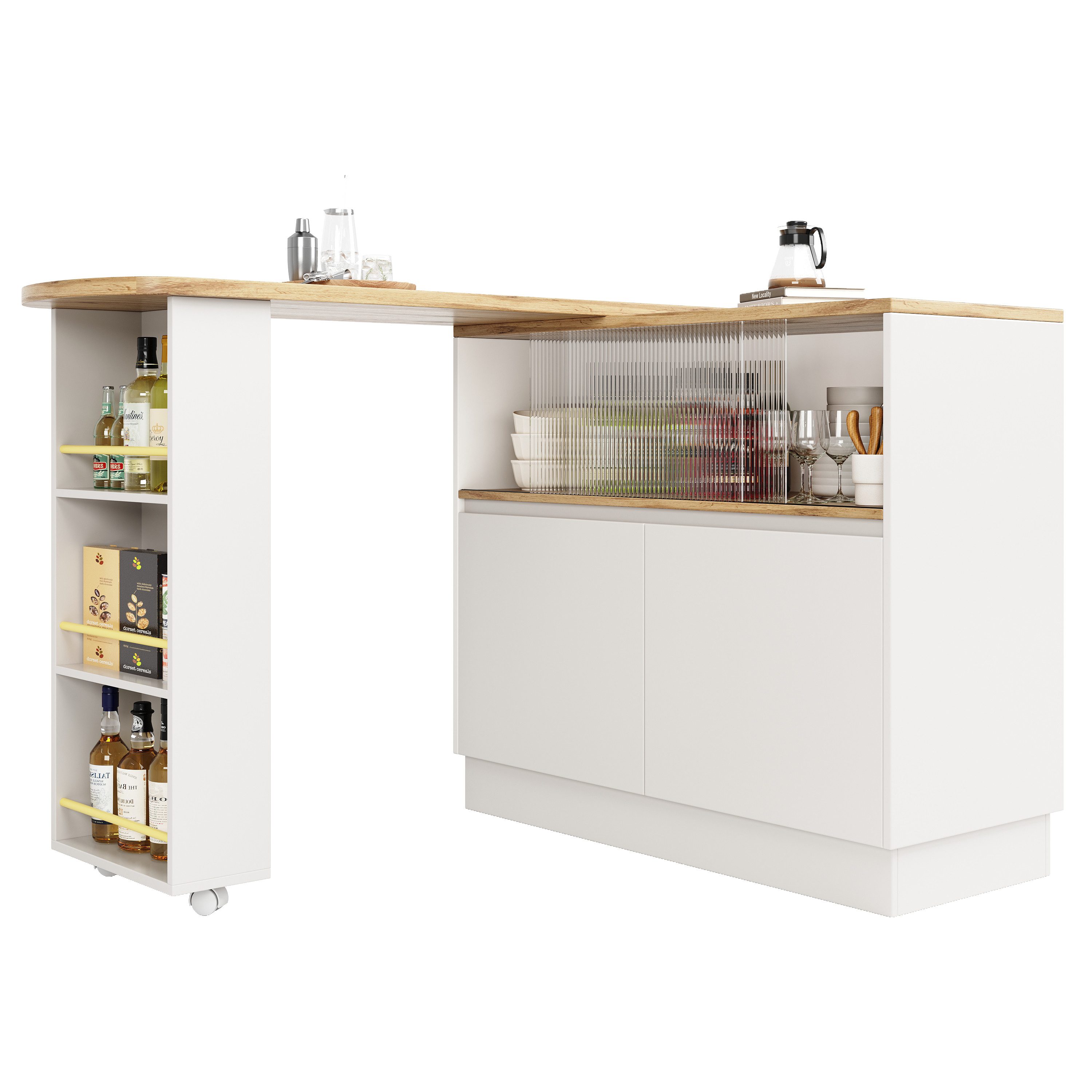 Refined Living Bartisch mit Stauraum,360° drehbare Essbar,Ausziehbarer Esstisch Küchentisch (138-193×39×104cm, klein Hausbar, Rattangeflecht auf den Türfronten, 1-St., Hochtisch für Hausbar, Drehbar Hochtisch für Hausbar, Bistrotisch), Bücherregal, mit verstellbare Ablagen, für Esszimmer, Wohnzimmer
