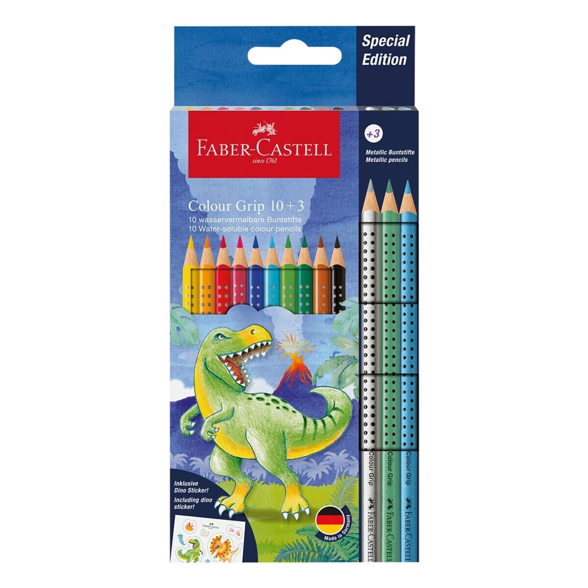 Faber-Castell Buntstift Colour Grip 10 + 3, (13-tlg), inkl. Dino Sticker