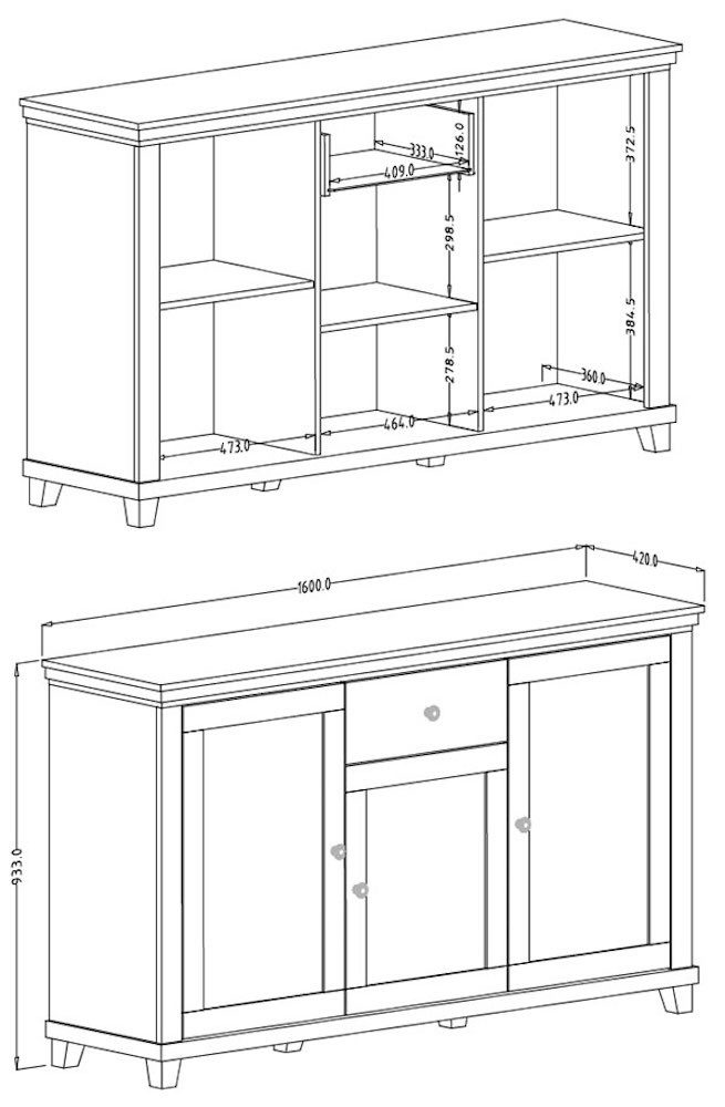 Helvetia Sideboard Elda (Evora, 1 St., 1-teilig), 160cm pinie weiß / Eiche Ribbek 3-türig mit 1 Schublade