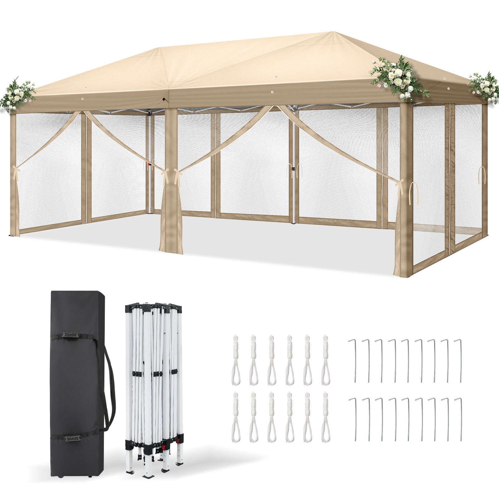 LALAHO Faltpavillon Partyzelt Pop Up Pavillon 3x6m, mit 6 Netzvorhängen, UV-Schutz, mit 6 Seitenteilen, Gartenzelt Gartenpavillon höhenverstellbar,mit Tragetasche,für Garten