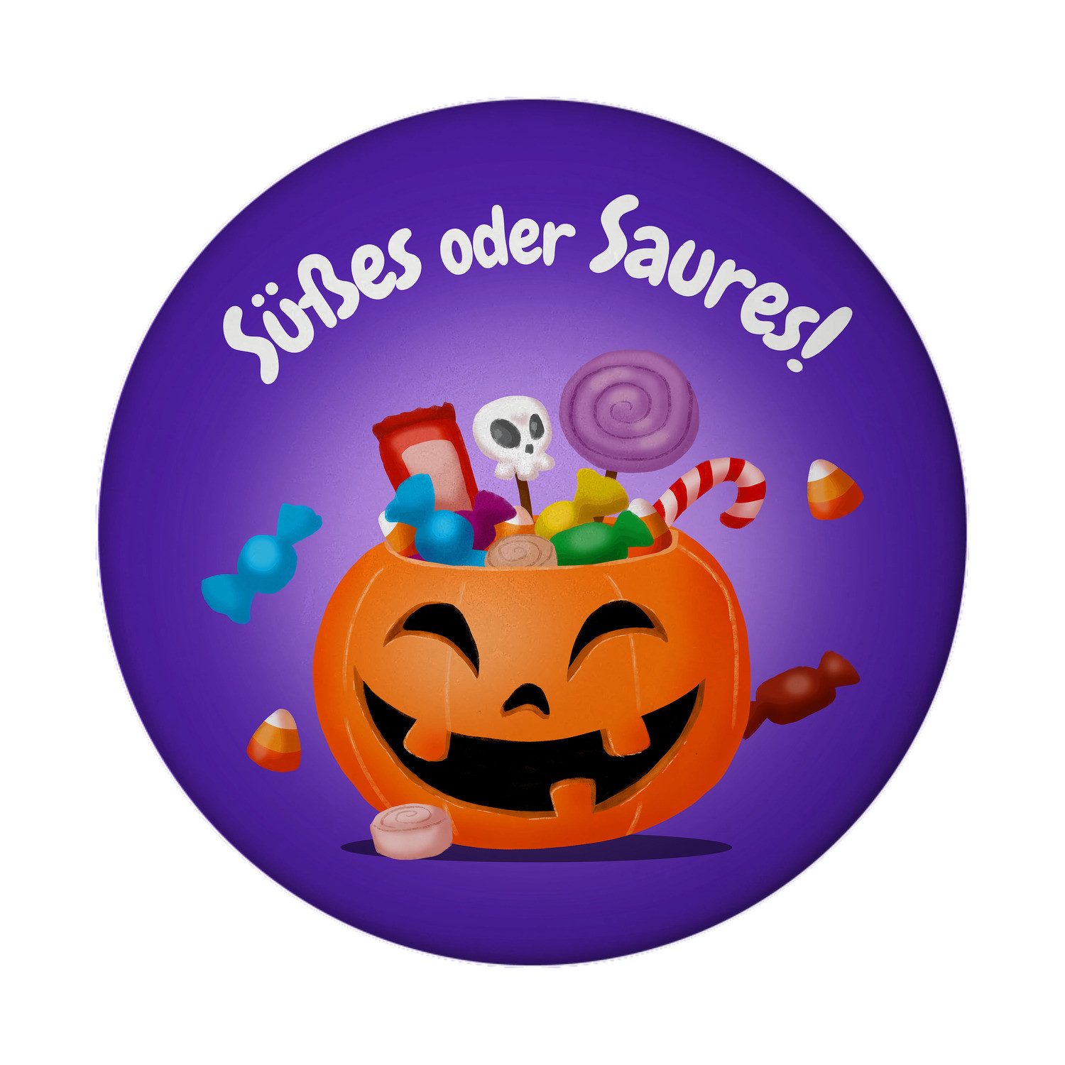 speecheese Magnet Süßes oder Saures Halloween Magnet rund mit Kürbis und Süßigkeiten