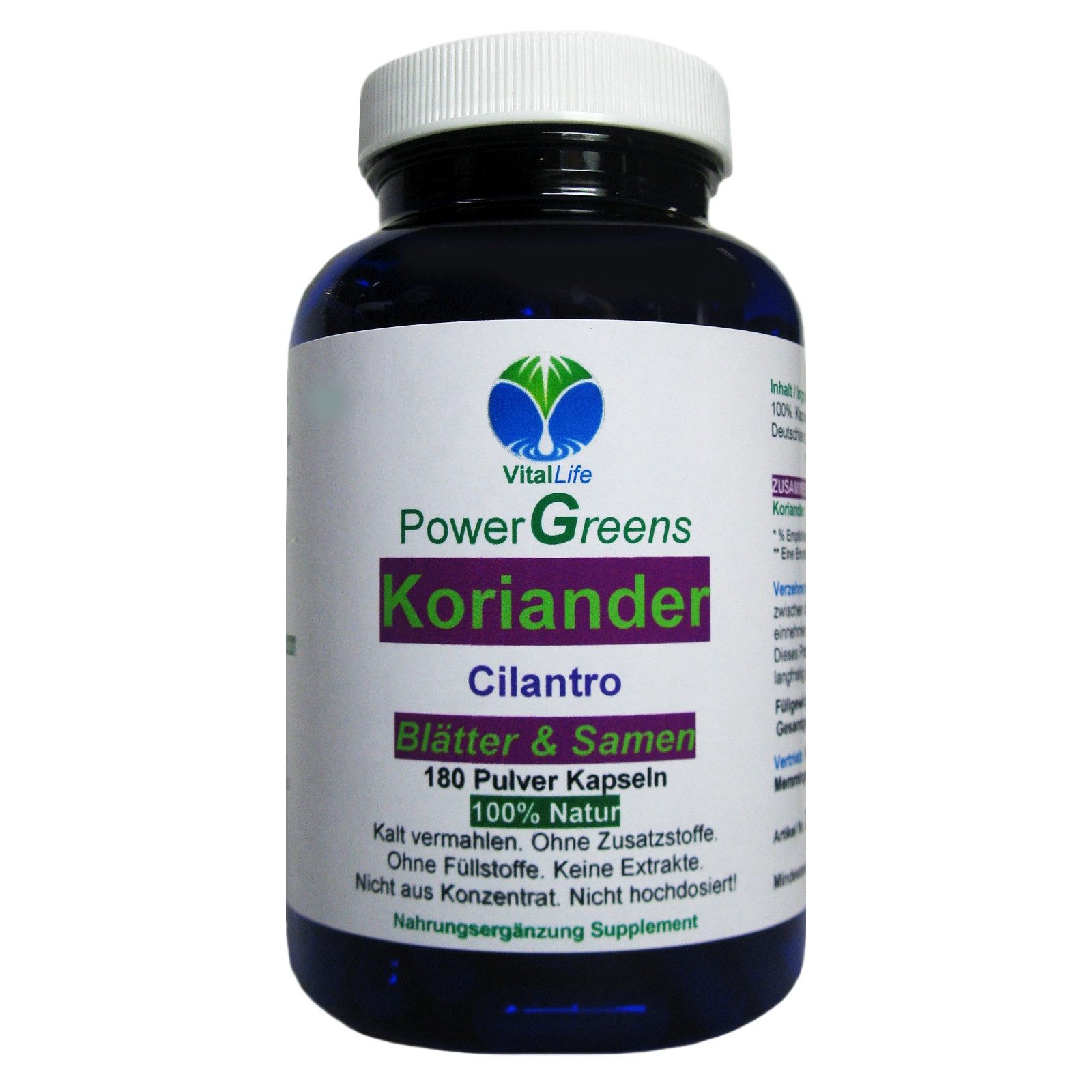VitalLife Koriander Cilantro Blätter & Samen Natur Pur OHNE Zusatzstoffe Kapseln, 1 er Dose à 180 St., 72 g, Art. 26422