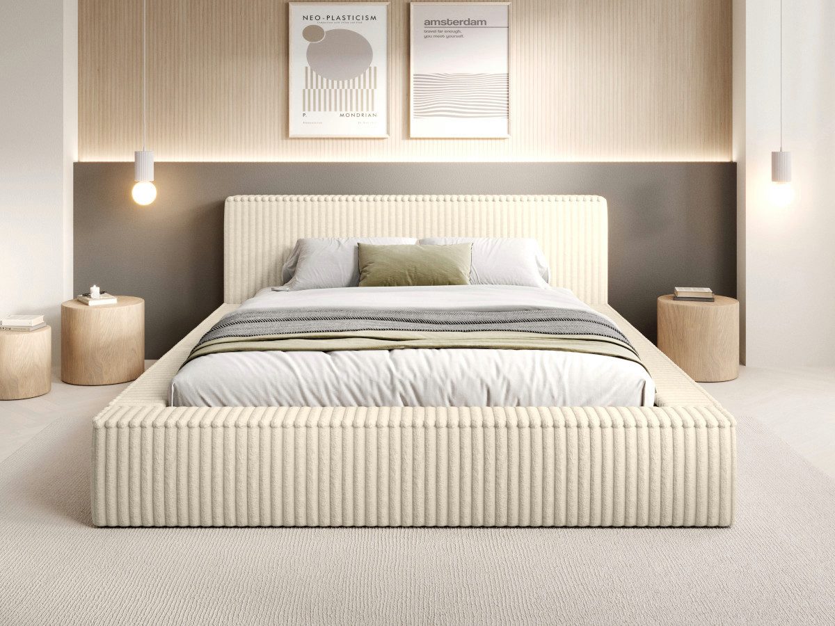 O-SOFA Polsterbett mit Bettkasten aus Cord, Stauraumbett - 140x200 160x200 180x200cm (Designer Bett mit Stauraum – weich, modern und pflegeleicht, Inklusive Lattenrost: aus hochwertigen Holzrahmen), hochwertiger Cord-Stoff in Creme, Beige, Grau oder Dunkelgrau