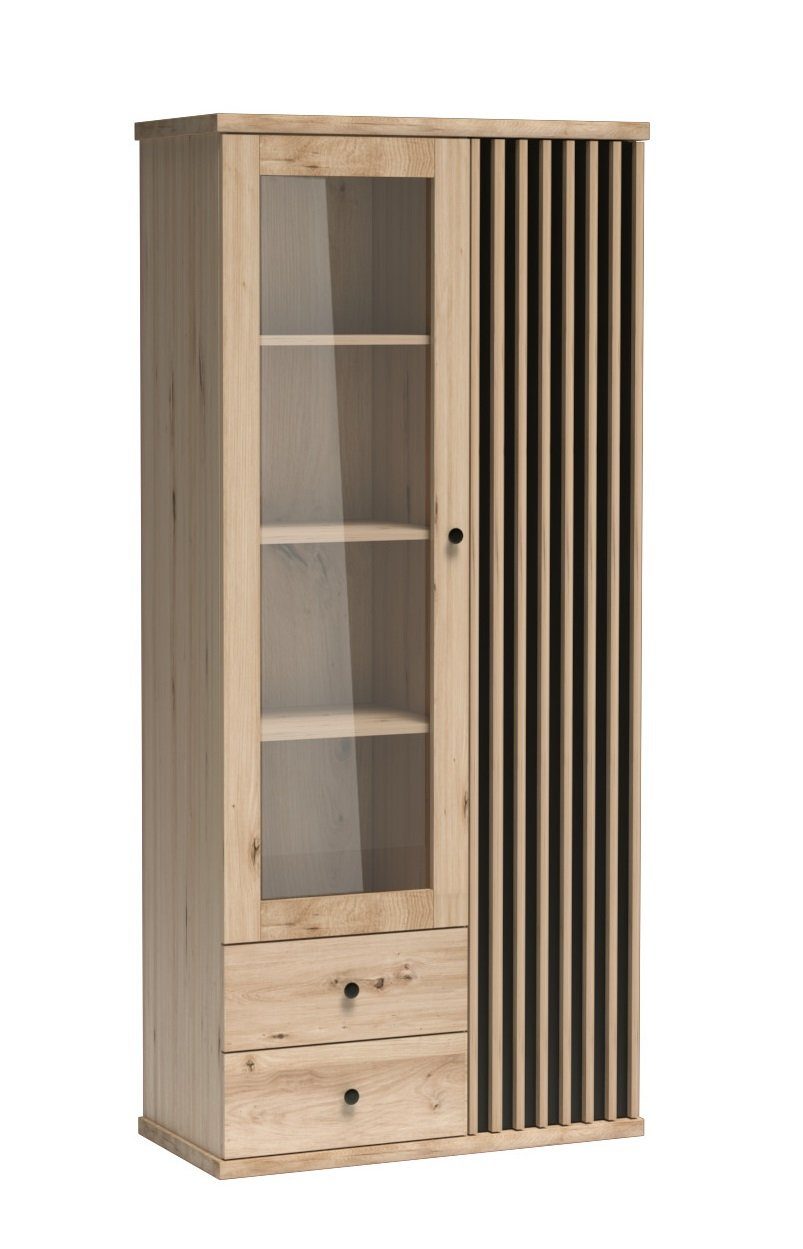 Furnix Standvitrine CALLINI C-2 mit 2 Schubladen 1 Glastür 1 Holztür  Lamellen Design 8 Fächer, B86,4 x H191 x T40,6 cm