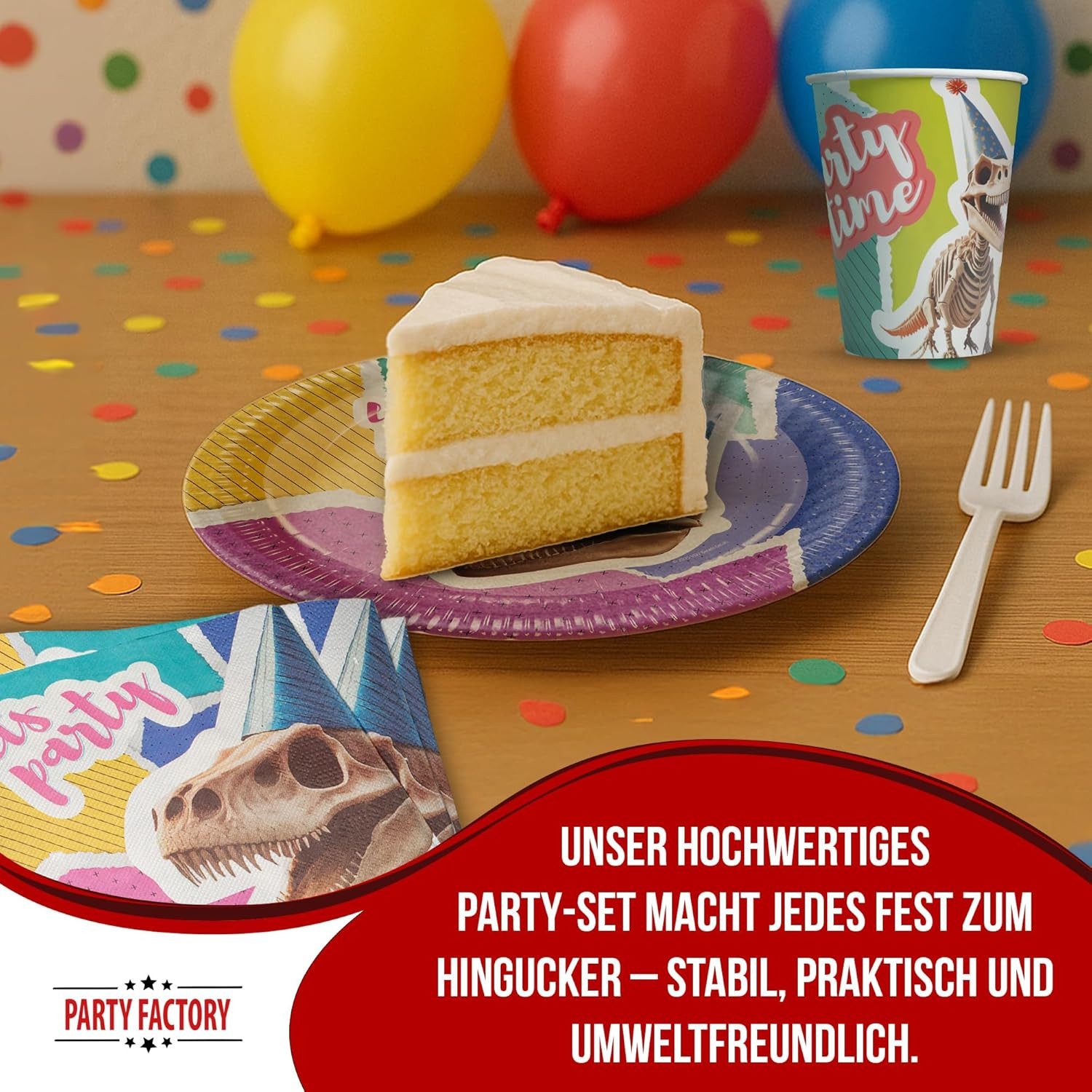 Party Factory Geschirr-Set Dino Skelett – 36-teiliges Party-Set mit Teller, Becher & Servietten, 8 Personen, bringt Urzeit-Feeling auf den Tisch