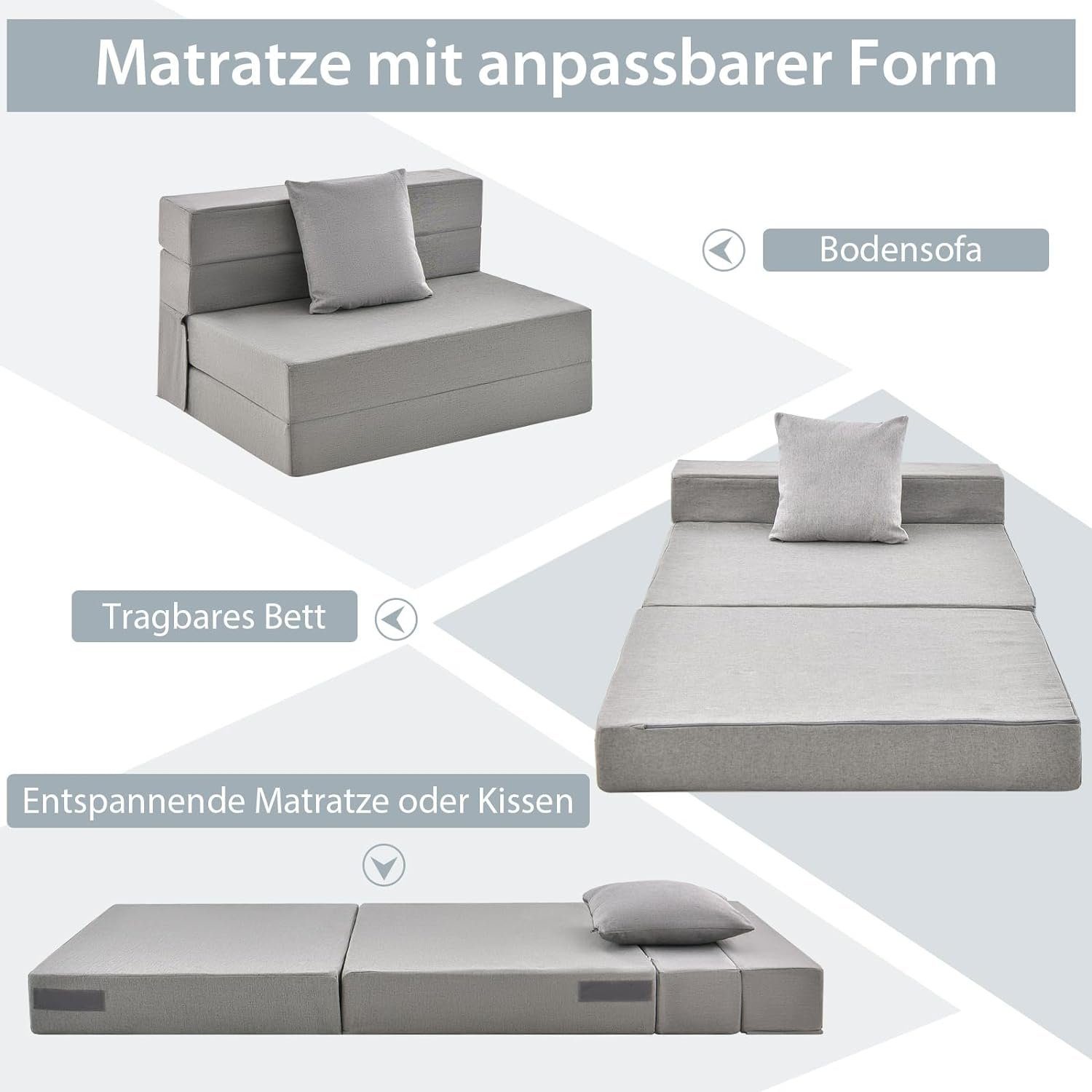 × mit Sofa dicker grau cm 100 190 Kissen, 15 Bodensofa, KOMFOTTEU cm Schwamm,