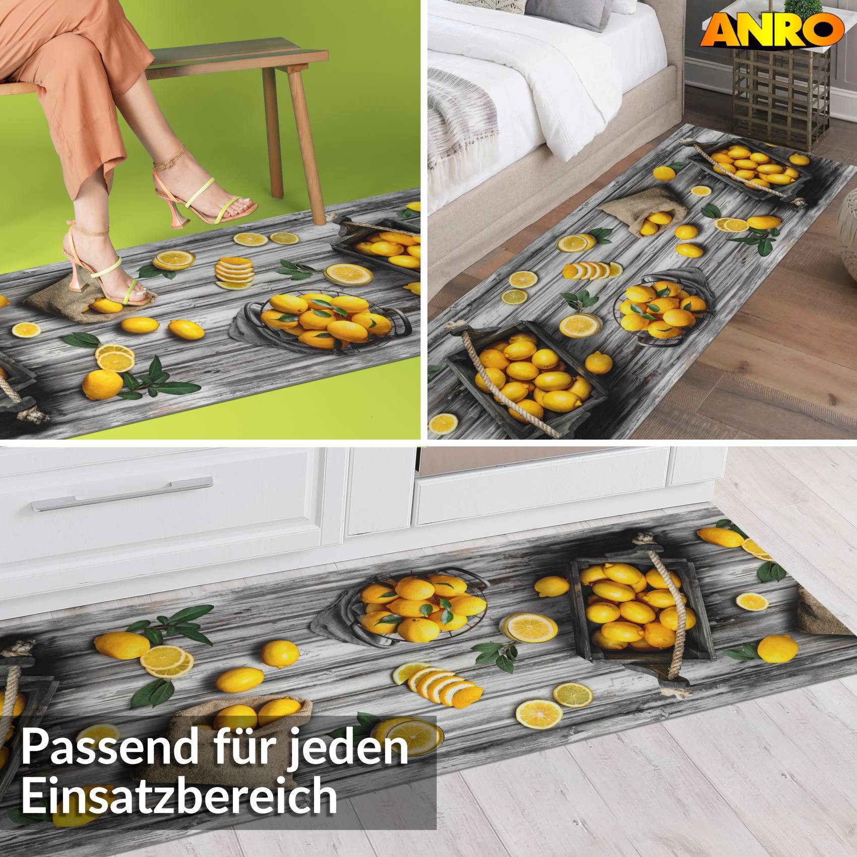 ANRO Küchenläufer LUIGI Zitronen pflegeleicht hochwertig Flurläufer Küchenteppich, eckig, Höhe: 3 mm, Teppichläufer 100cm Modern Gelb wasserdicht