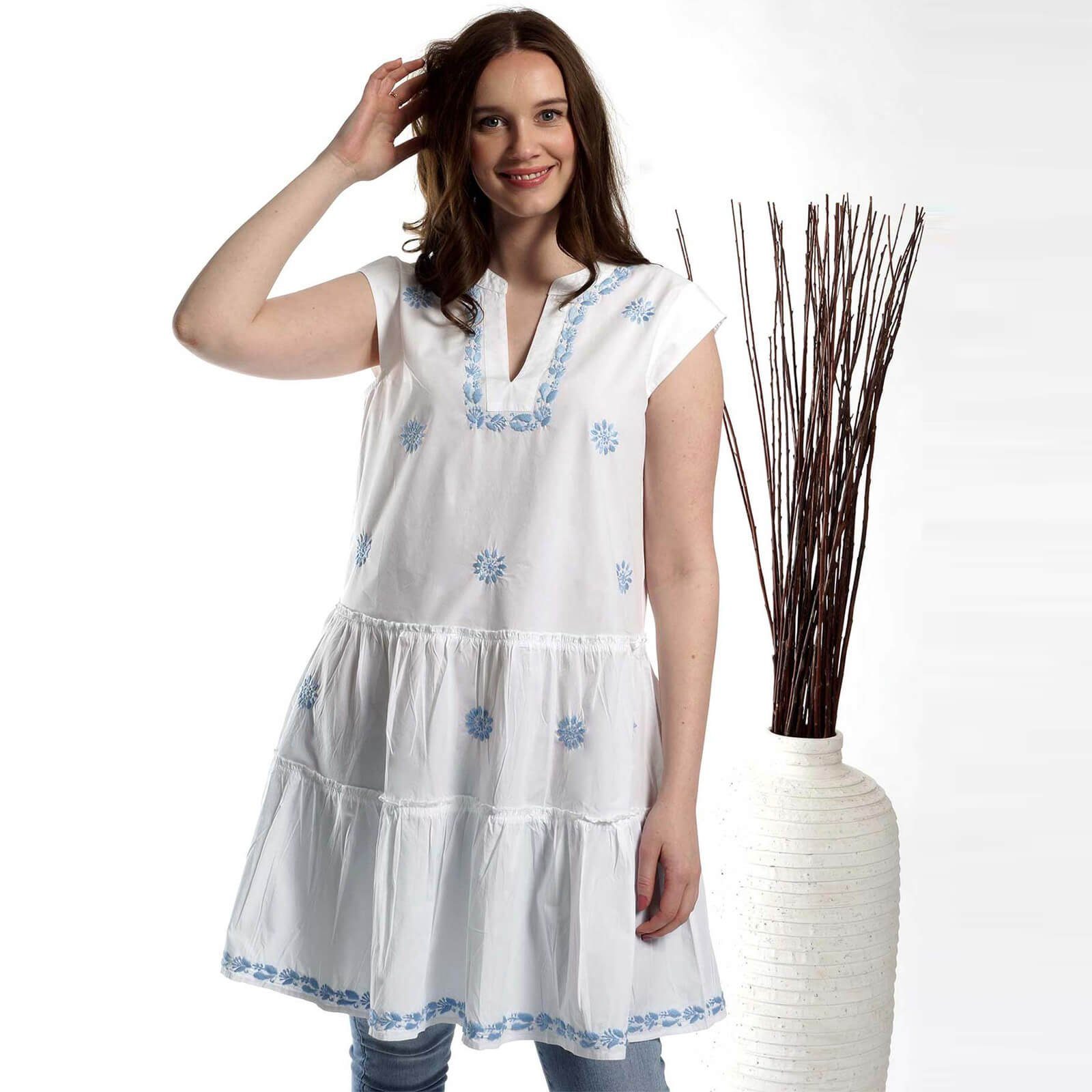 Damen Kleider baltic blue Strandkleid Damen Tunika Kleid Vivian - Besticktes Sommerkleid mit 3/4-Arm aus Baumwolle