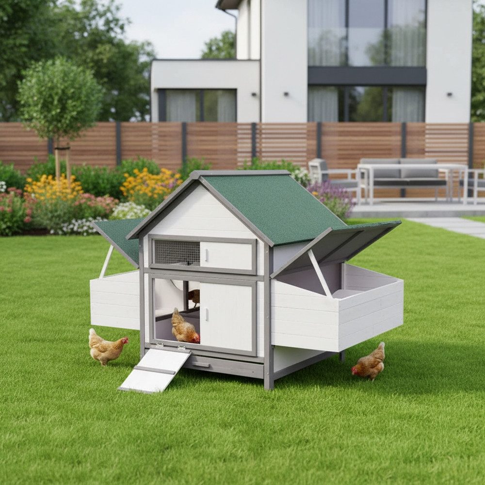 Mucola Hühnerstall Hühnerhaus Weiß Geflügelstall Hühnernest Hühnervoliere Eiablagen, Inkl. zwei separaten Eiablagen (4 Nistplätze)