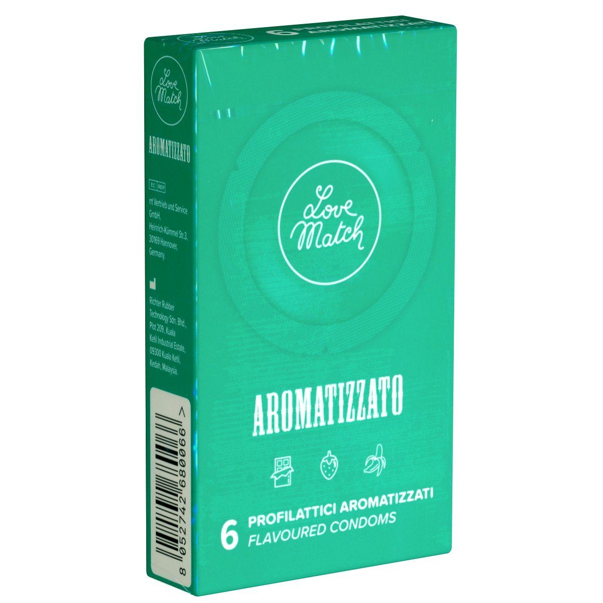 Love Match Kondome Aromatizzato Packung mit, 6 St., italienische Kondome mit Geschmack, Retro-Design, bunte, aromatisierte Kondome in Rundfolien