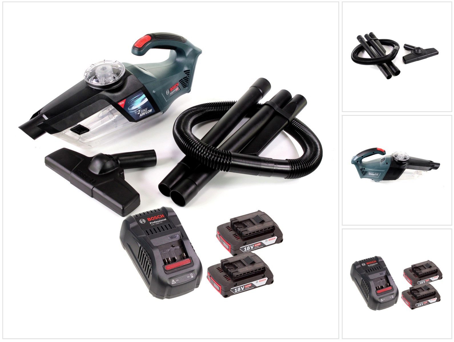 Bosch Professional Akku-Handstaubsauger GAS 18V-1 Akku Staubsauger Handsauger + 2x Akku 2,0Ah + Ladegerät