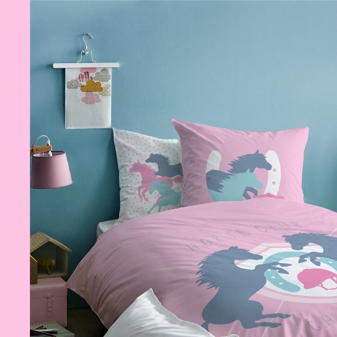 MTOnlinehandel Bettwäsche 135x200 + 80x80 cm Biber „Horse Club“ Pferde-Motiv warm & kuschelig, 100% Baumwolle, 2 teilig, mit detailreichem Wende-Design