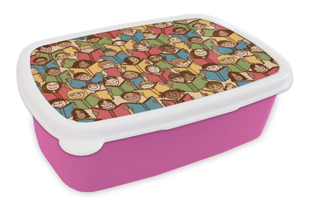 MuchoWow Lunchbox Muster - Kunststoff für Buch - Kinder, Erwachsene, Kunststoff, - Junge, (2-tlg), Snackbox, Kleiner Brotbox rosa Brotdose Jungen Lesen Mädchen, - - Kinder