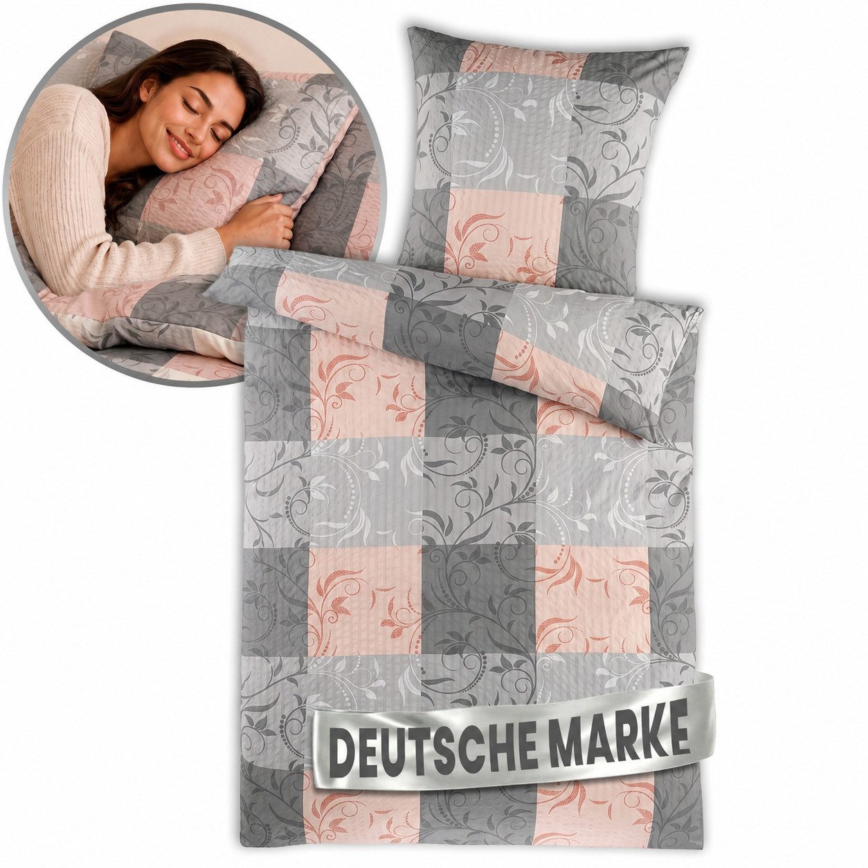 Malika Bettwäsche 1x 135x200 + 1x 80x80 cm, Ranke-Rose, Seersucker, 2 teilig, Allergikergeeignet, Pflegeleicht und Atmungsaktiv