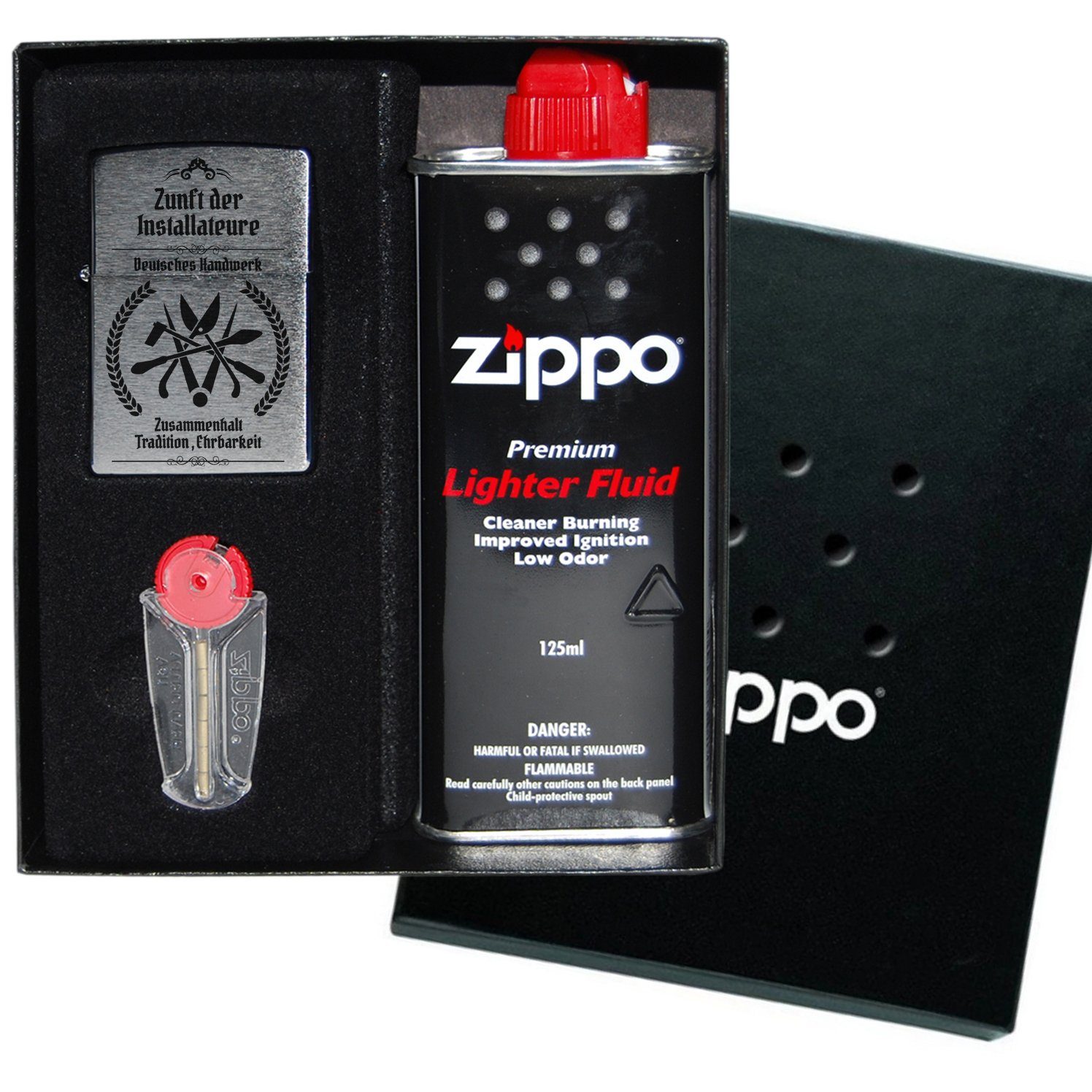 Lasernauten Feuerzeuge Zippo Feuerzeug mit Gravur Installateur Zunftzeichen Chrome Brushed, Benzinfeuerzeug