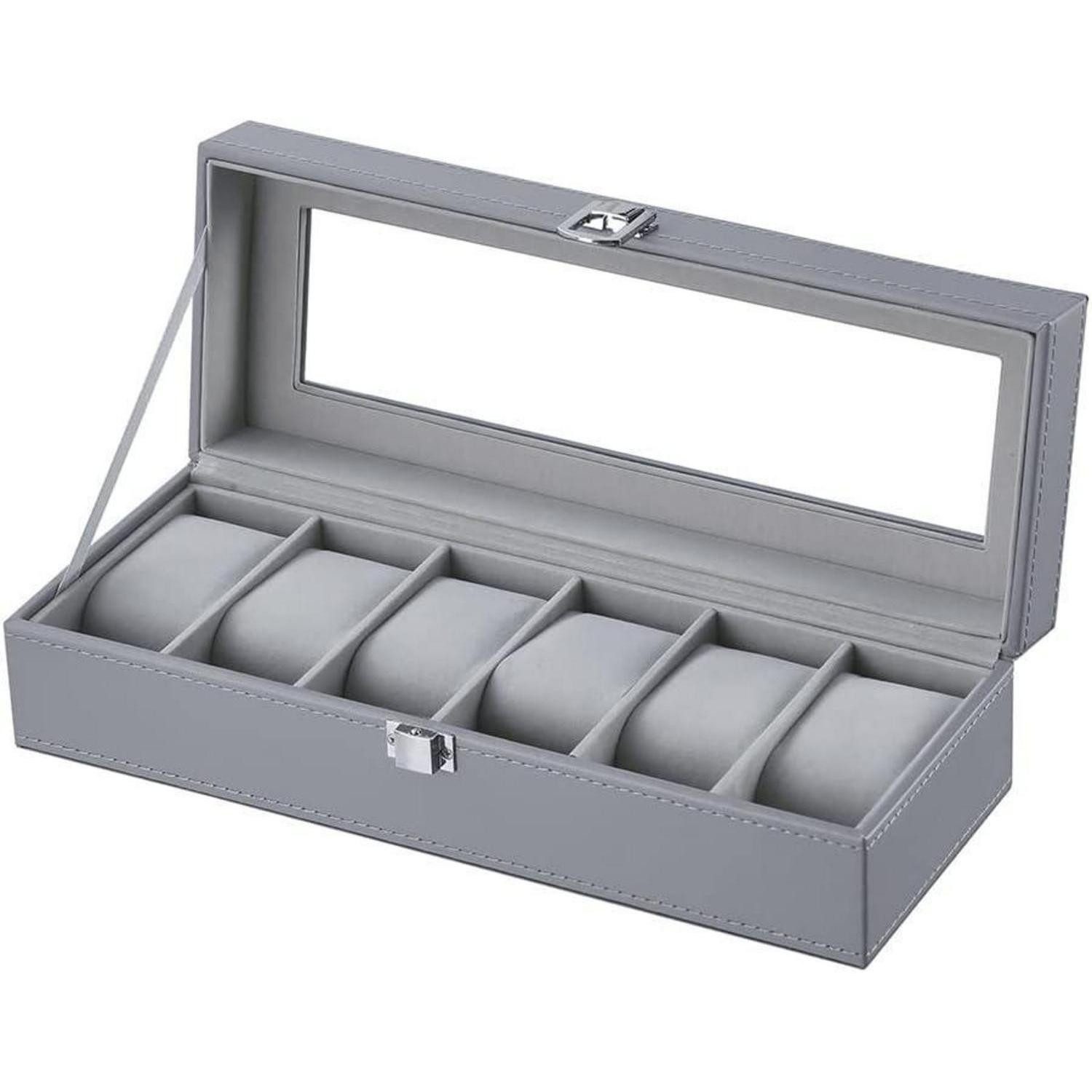 LuxusKollektion Uhrenbox Uhrenbox Herren 6 Uhren Glasfenster PU Leder Samt Grau-w04g