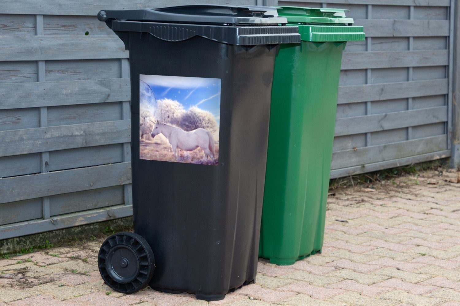 eines Mülltonne, Container, Zusammengesetzte Mülleimer-aufkleber, Wandsticker Fantasiestatue Abfalbehälter MuchoWow Einhorns St), (1 Sticker,