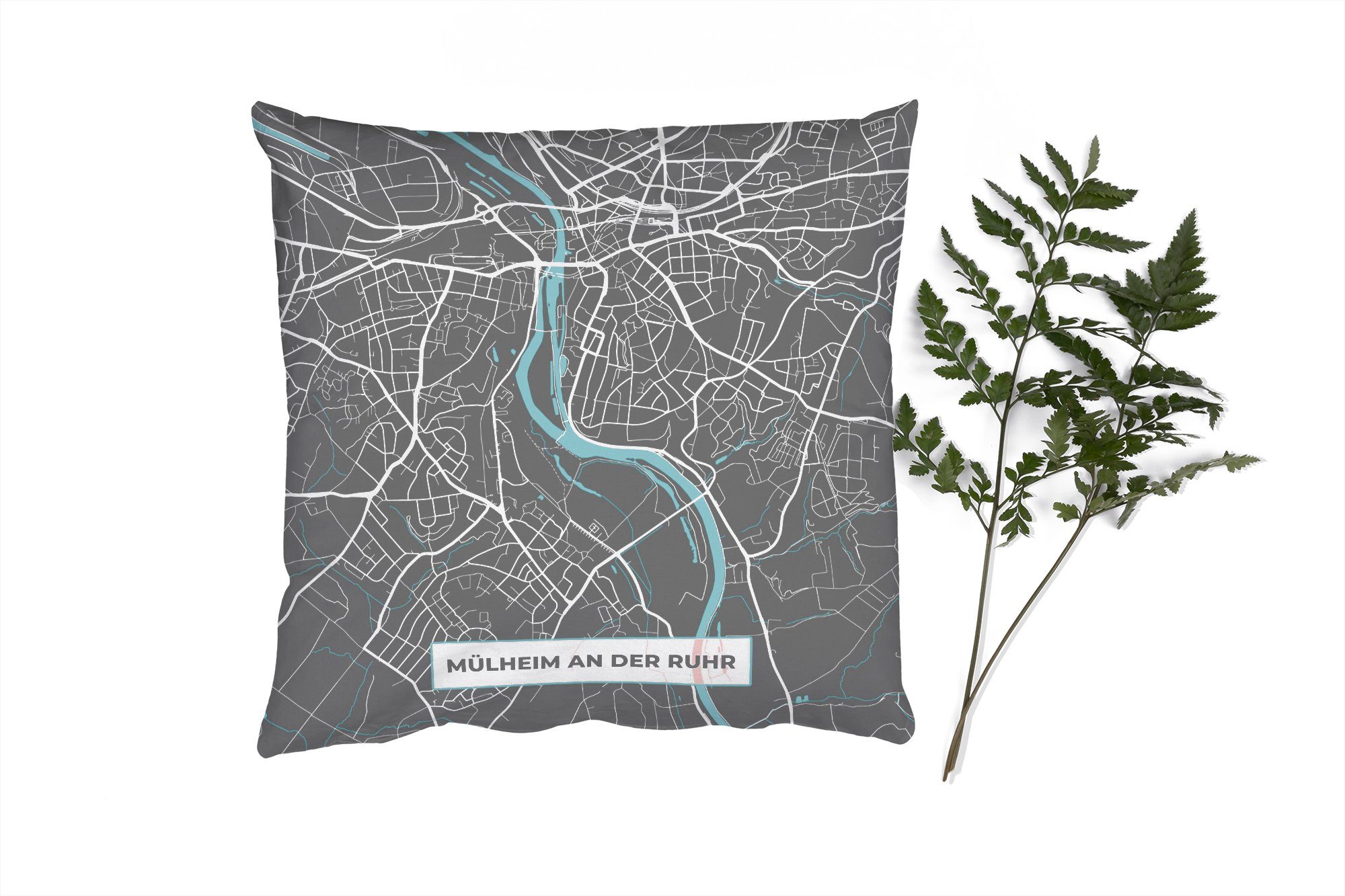 MuchoWow Dekokissen Stadtplan - Deutschlandkarte - Blau - Mülheim an der Ruhr - Karte, Zierkissen mit Füllung für Wohzimmer, Schlafzimmer, Deko, Sofakissen | Dekokissen