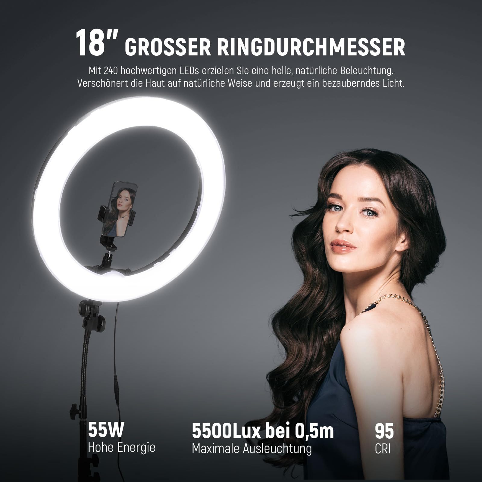 Neewer Ringlicht RL-18 Ringlicht mit Stativ Set:45cm Außen 55W 5600K LED Ringleuchte, Dimmbare, mit Bluetooth Fernbedienung, für Handy/Kamera YouTube TikTok