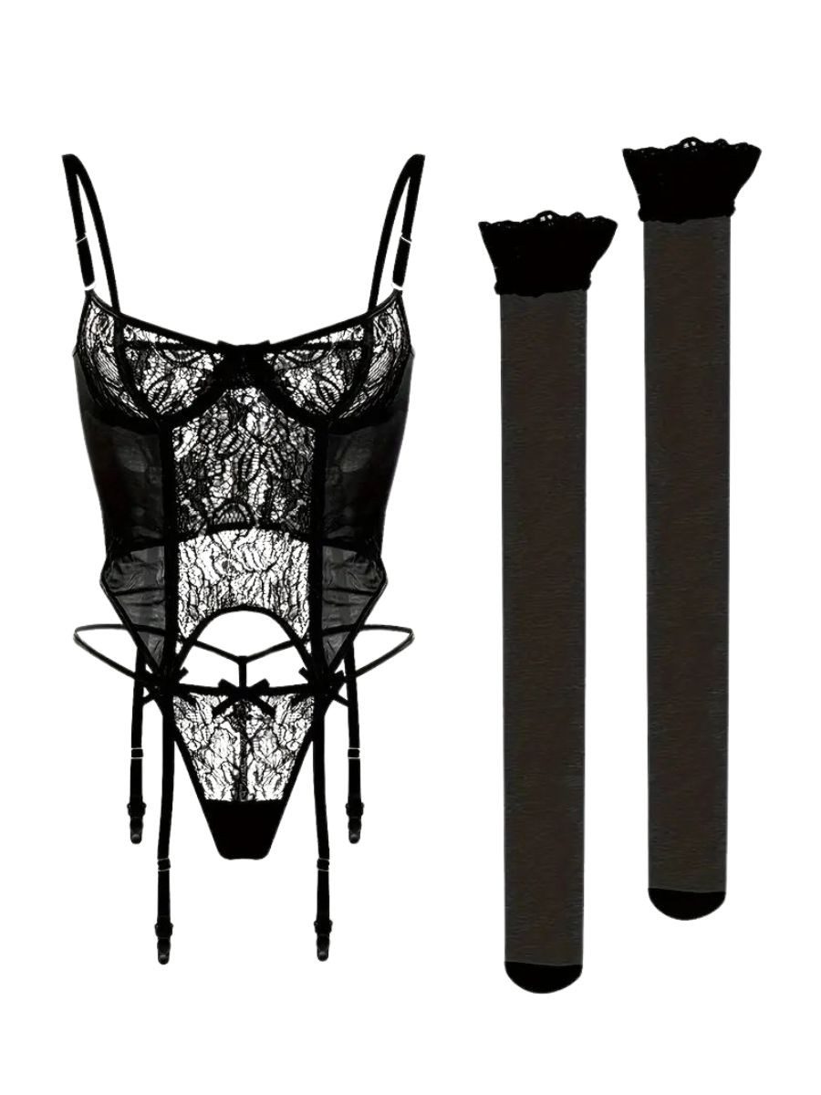 Elegant Love Set: Corsage Verführerisches Korsett, Sexy Dessous, Reizwäsche für Damen (Set, 3-tlg., korsage + Tanga + Strapsstrümpfe) Elegantes und sinnliches Spitzenkorsett – Lingerie-Set