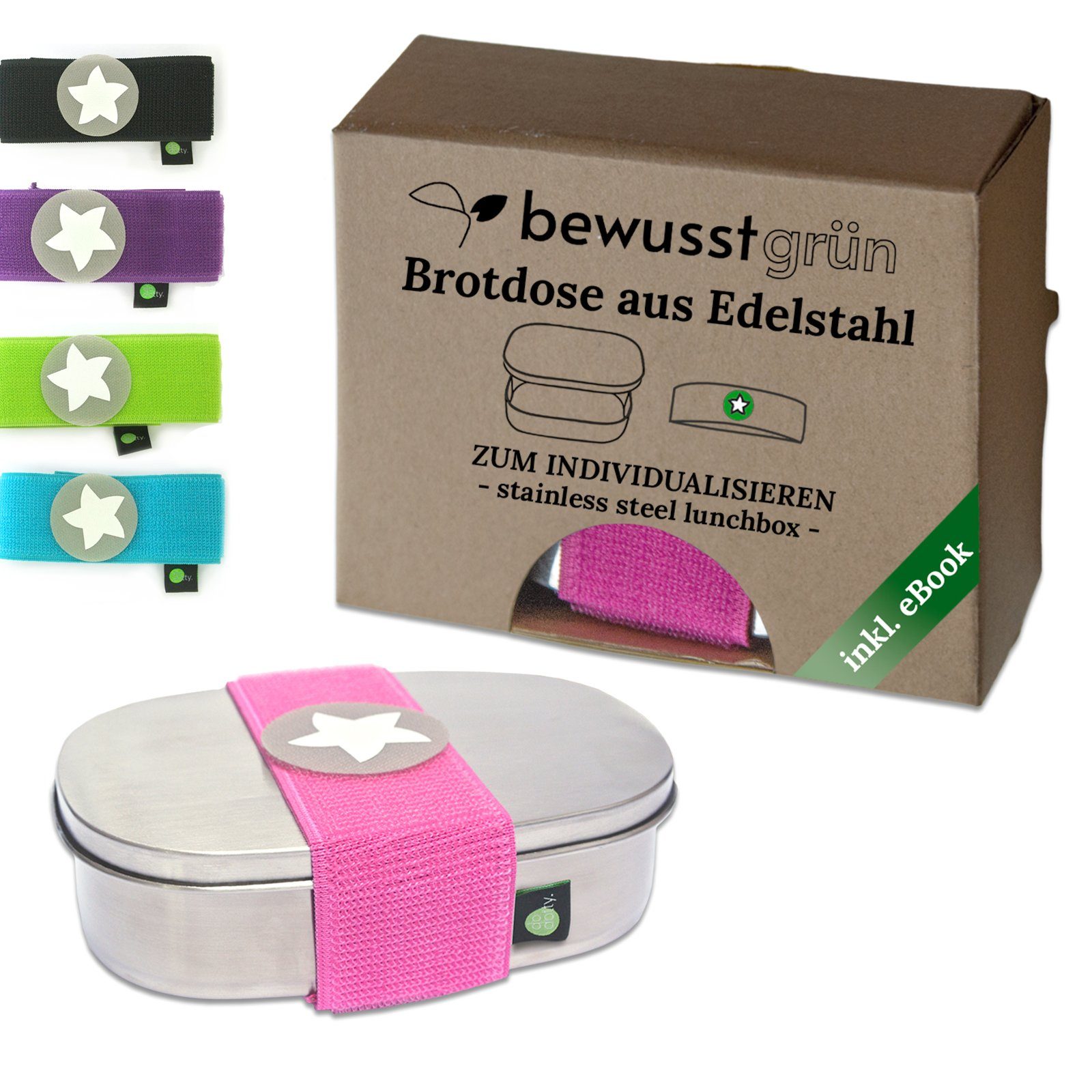 BewusstGrün Lunchbox DottyBox Edelstahl Brotdose mit Fächern für Kinder, BigBox, (Original DottyBox-System mit Klettband), Personalisierbare Brotdose für Kindergarten und Schule