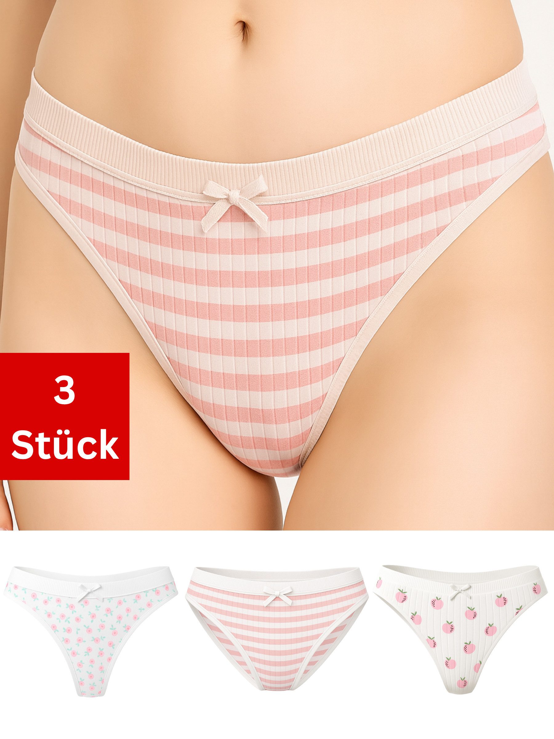 Elegant Love Tanga Tangaslips für Damen – Bequeme Unterhosen, Brasilslips (Set, 3-St., 3er Pack) Unterwäsche mit Rippenstruktur – Komfortabel für Alltag