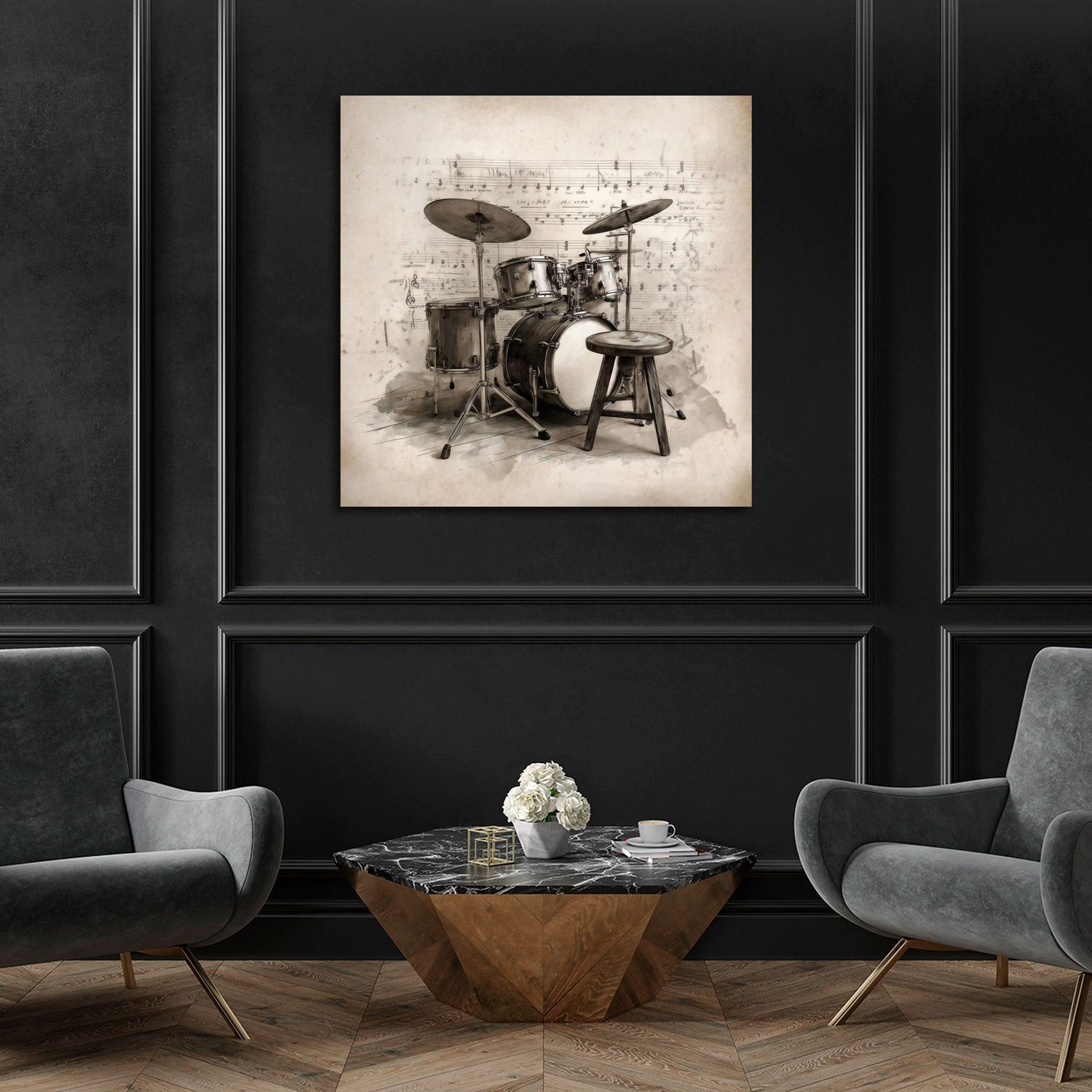 Artedinoi Leinwandbild Schlagzeug musikalische Illustration Noten Leinwandbild Wandbild Kunst, Schlagzeug mit Noten