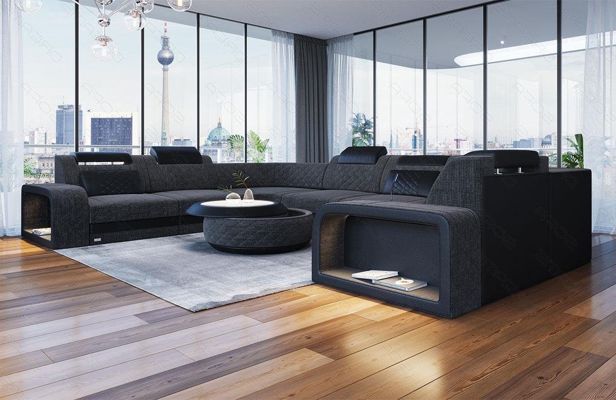 H12 Stauraum, Couch Form mit Wohnlandschaft Polster Sofa Dreams U LED, Stoffsofa, Anschluss USB Grau-Schwarz Stoff Sofa Schwarz Foggia