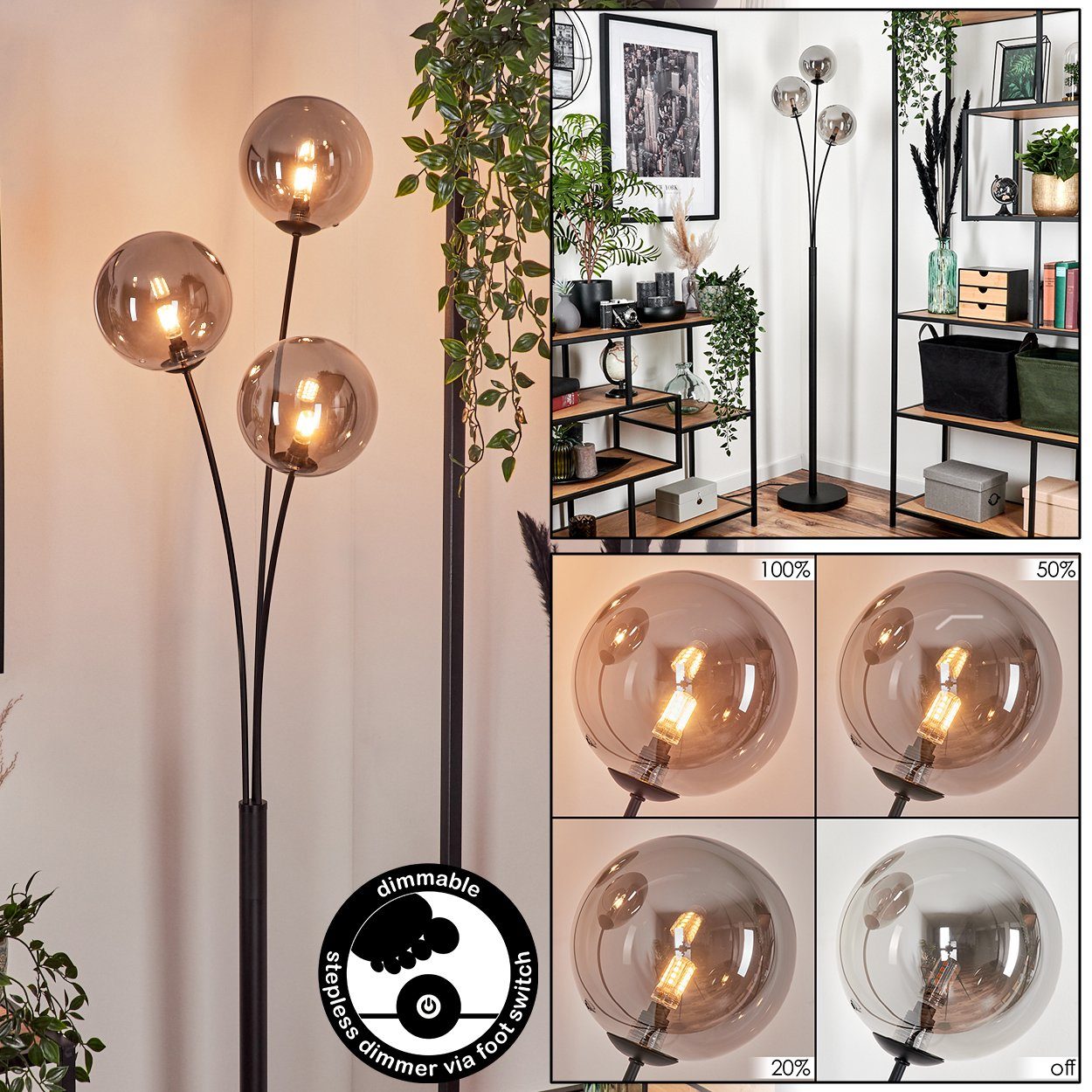 hofstein Stehlampe Stehlampe aus Metall/Glas in Schwarz/Rauchfarben, ohne L günstig online kaufen