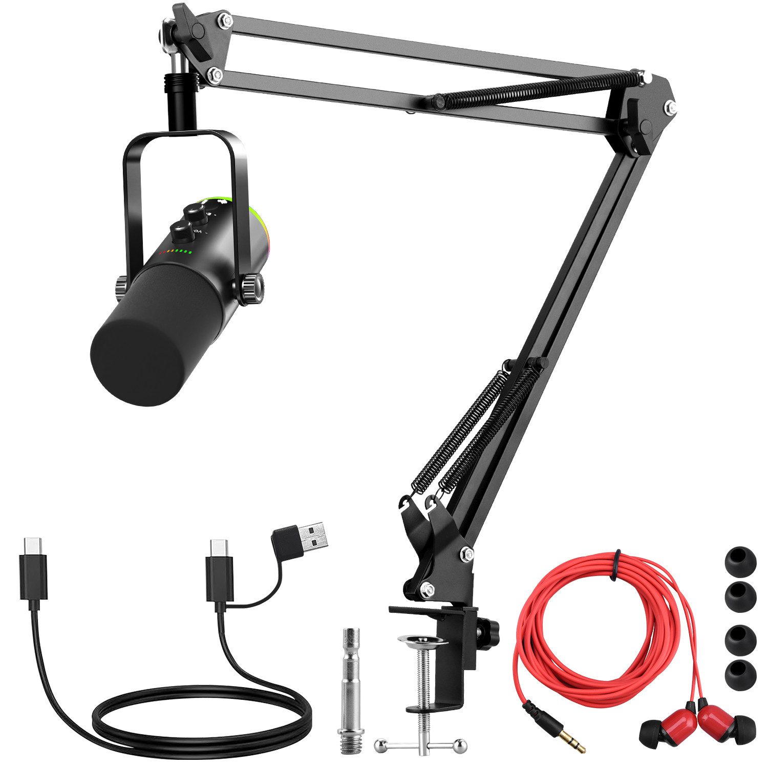 JVJH Mikrofon Streaming Mikrofon mit Arm, Stummschalttaste, Gain-Regler, Kompatibel mit den Betriebssystemen Windows, Mac OS und Android