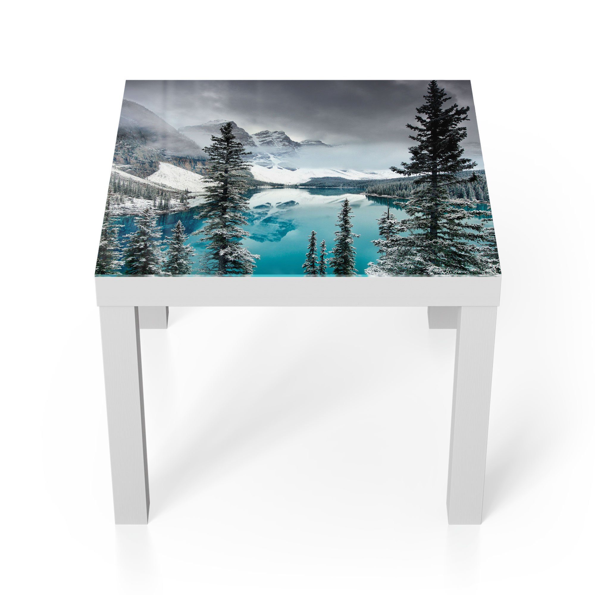 DEQORI Couchtisch 'Moraine See im Winter', Glas Beistelltisch Glastisch modern Weiß