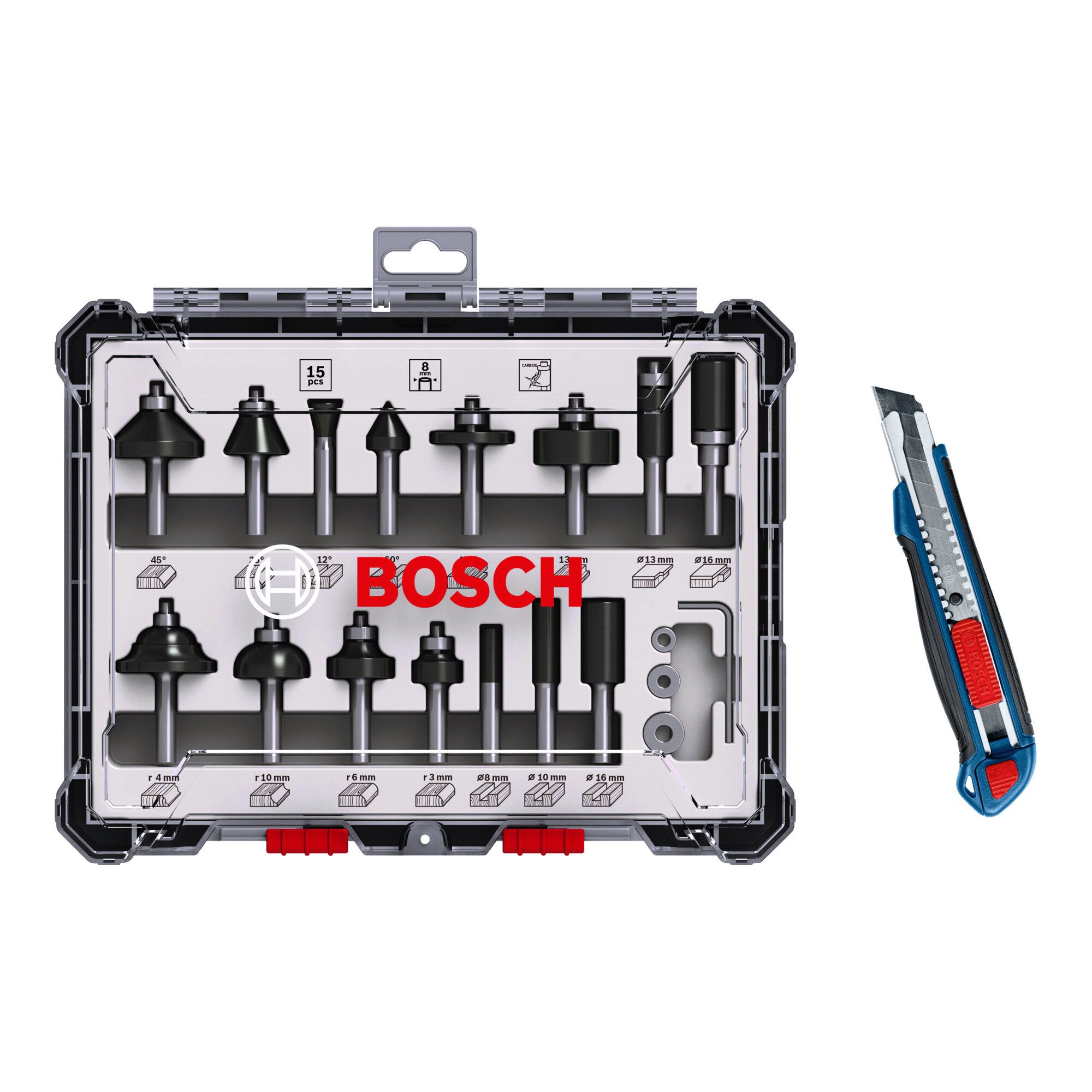 Bosch Professional Frässtift Bosch Fräser-Set, 15-teilig, inklusive gratis Cuttermesser – Bild 4 von 5